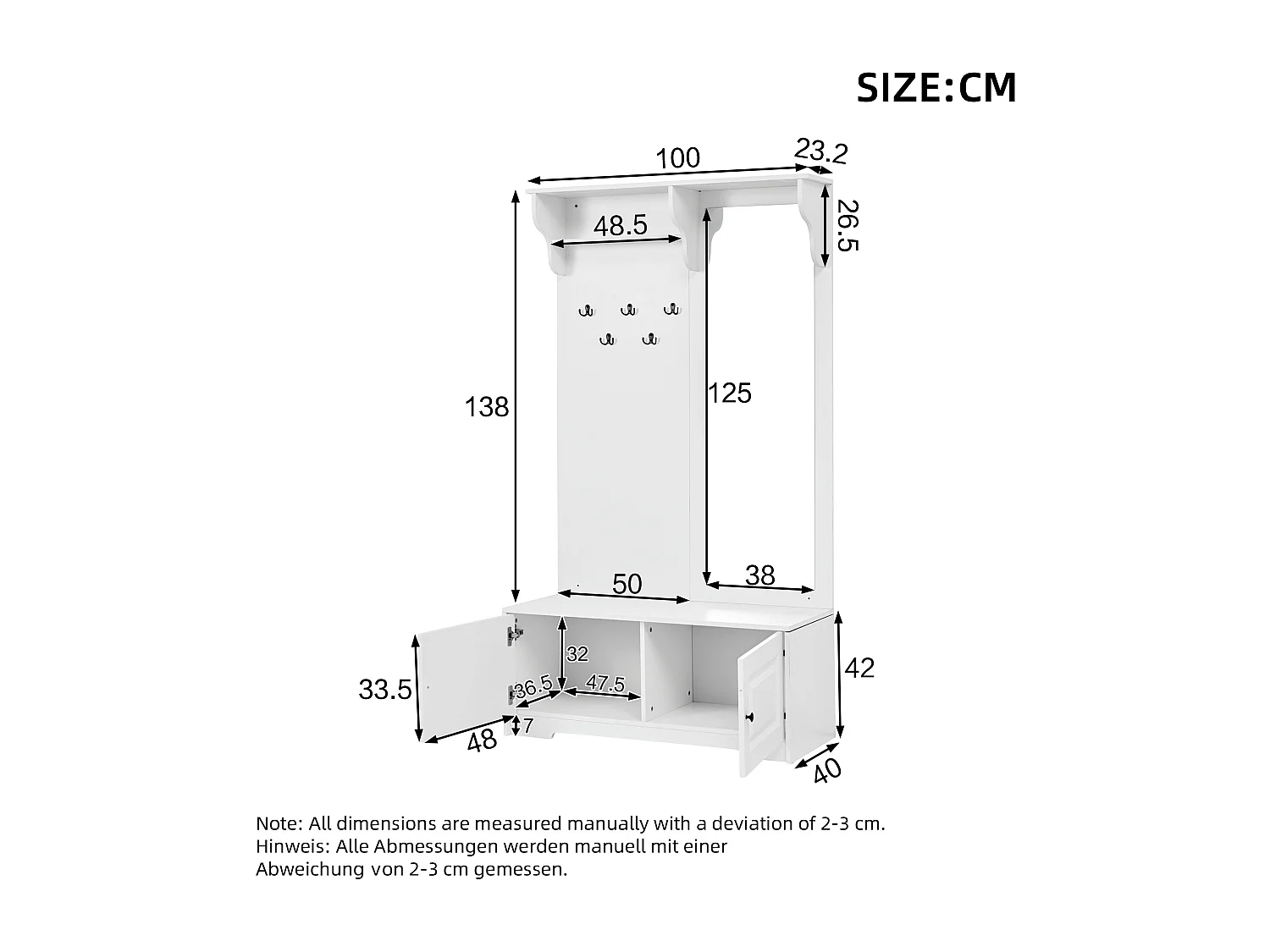 Armoire 100x40x180 cm avec miroir Cinq crochets et deux placards et étagères Matériaux MDF en blanc pour salon et Couloir