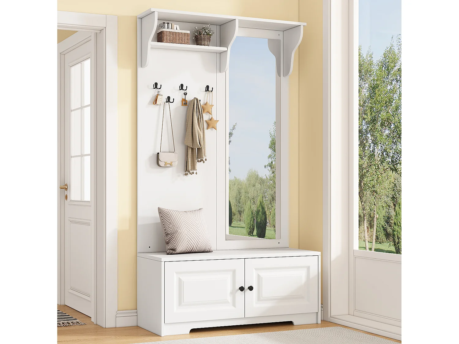 Armoire 100x40x180 cm avec miroir Cinq crochets et deux placards et étagères Matériaux MDF en blanc pour salon et Couloir