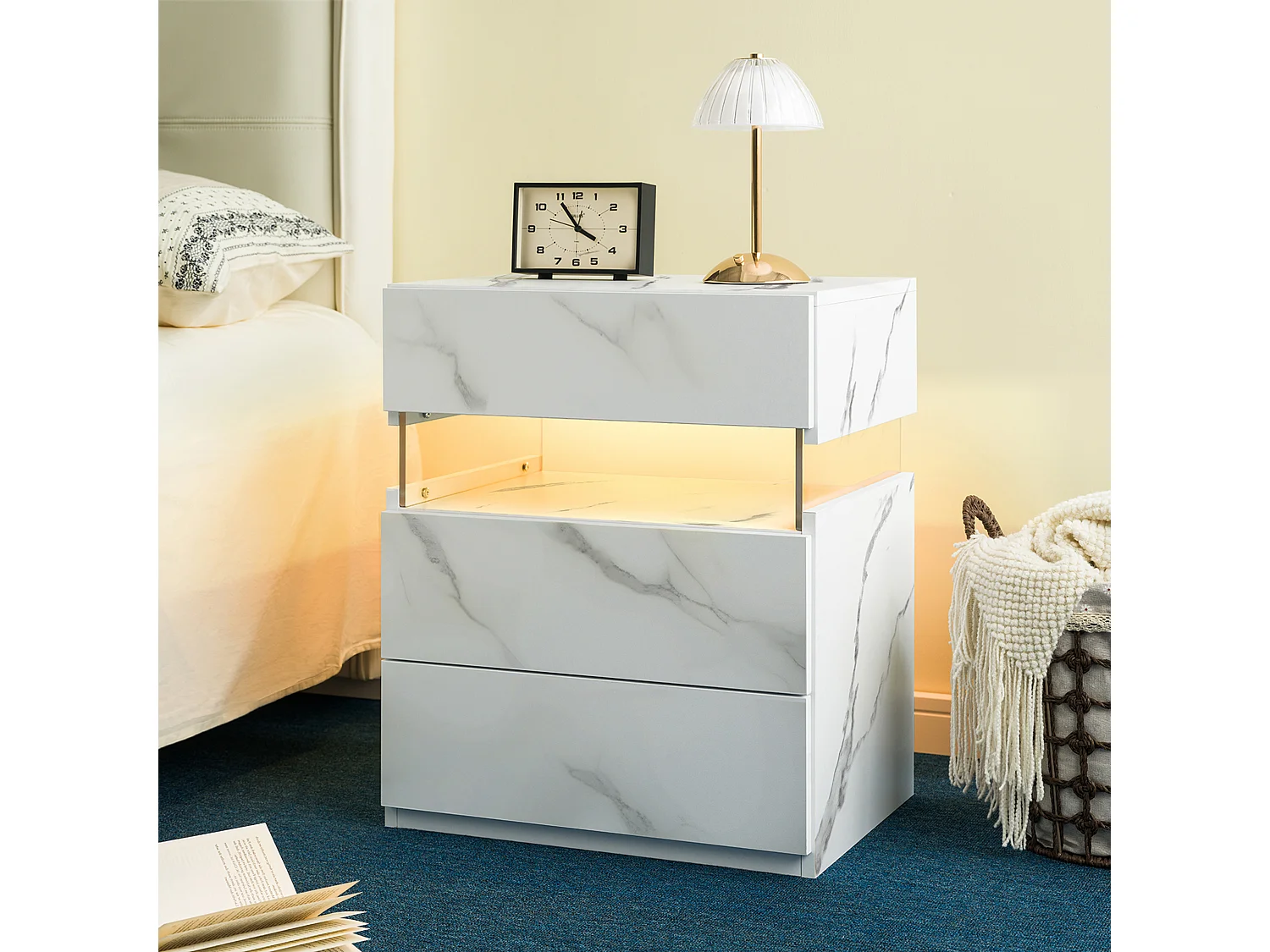 Table de chevet panneau acrylique style moderne éclairage LED rangement bois manufacturé pour chambre blanc mat