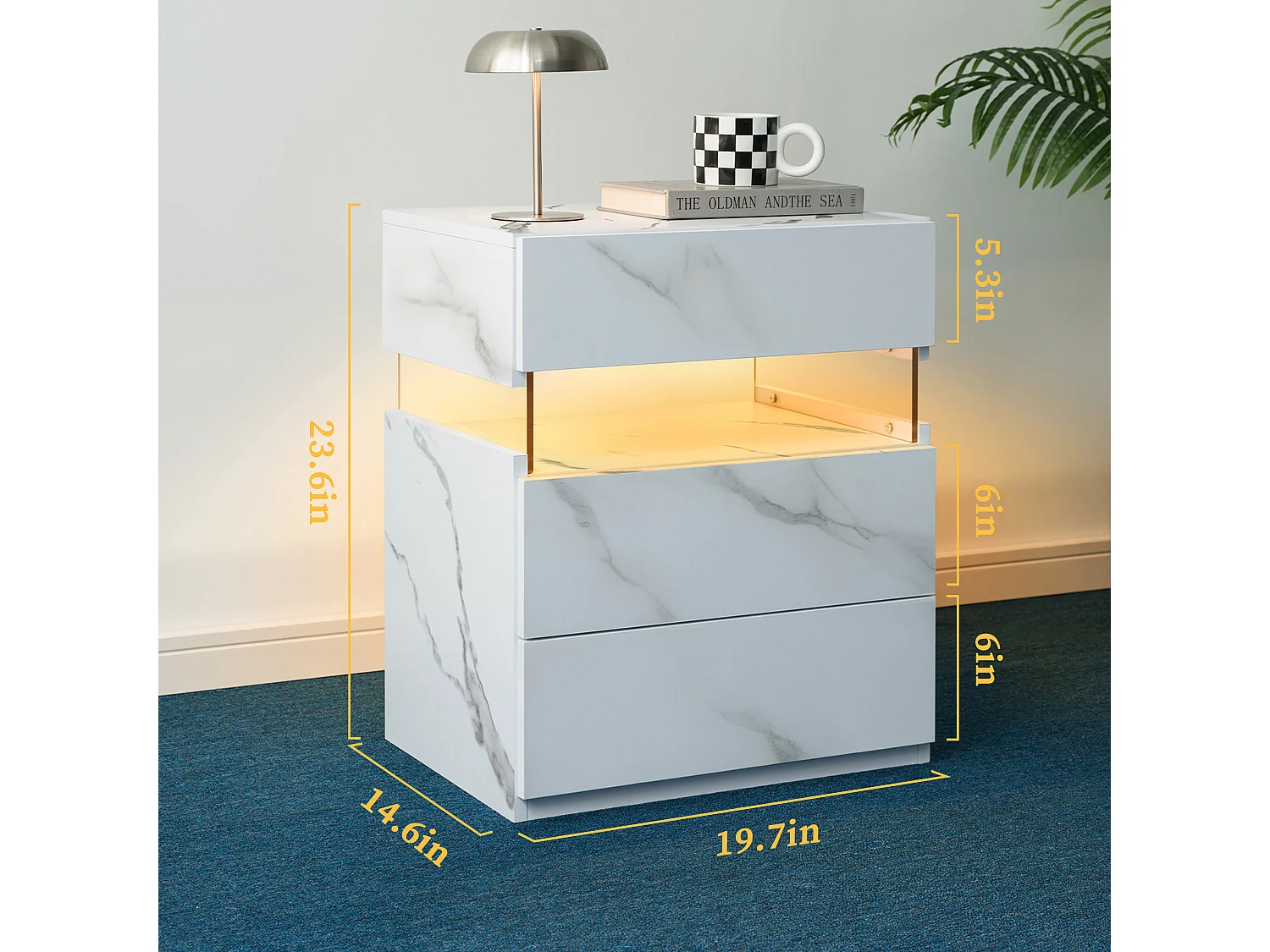 Table de chevet panneau acrylique style moderne éclairage LED rangement bois manufacturé pour chambre blanc mat