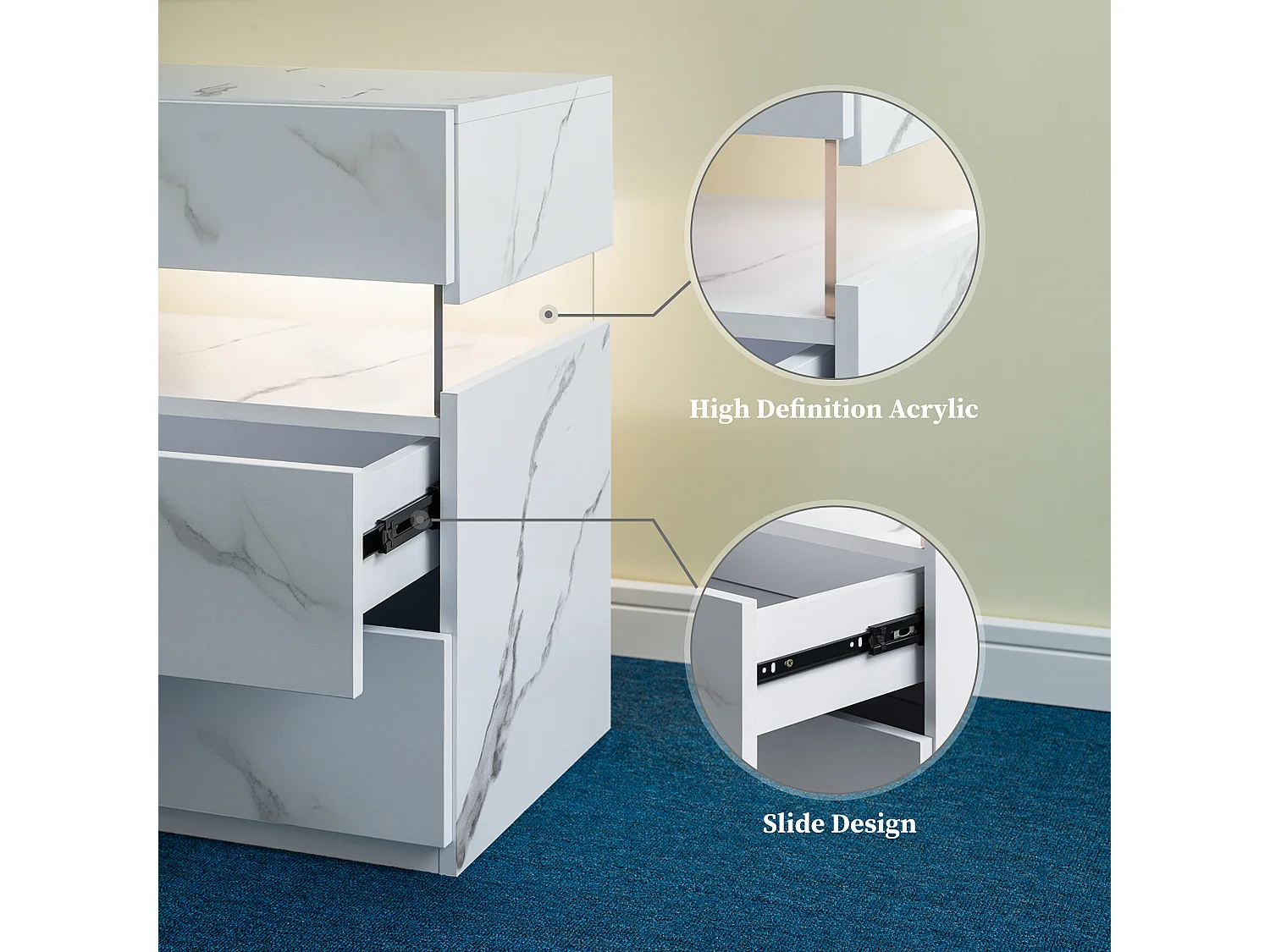 Table de chevet panneau acrylique style moderne éclairage LED rangement bois manufacturé pour chambre blanc mat