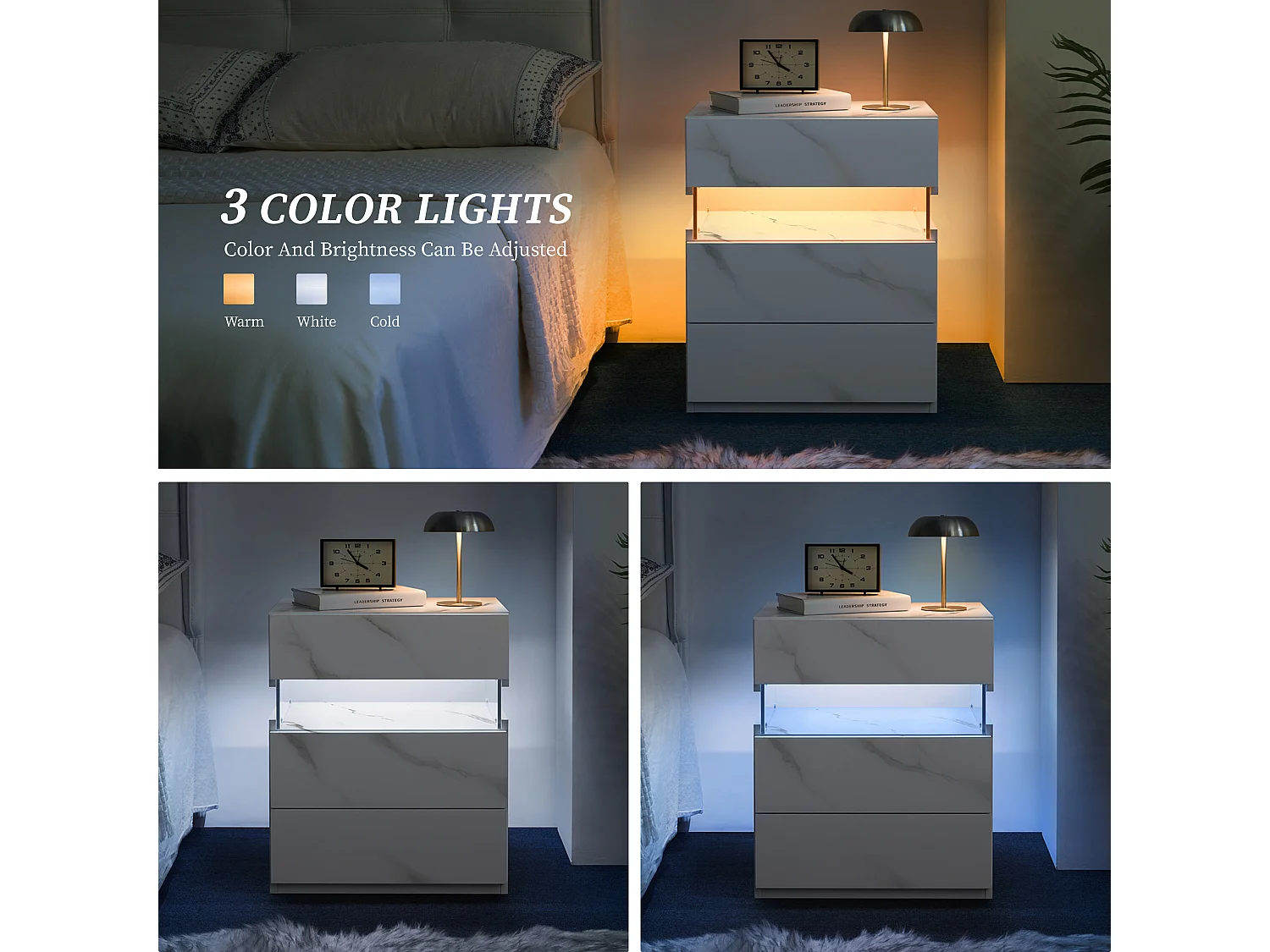 Table de chevet panneau acrylique style moderne éclairage LED rangement bois manufacturé pour chambre blanc mat
