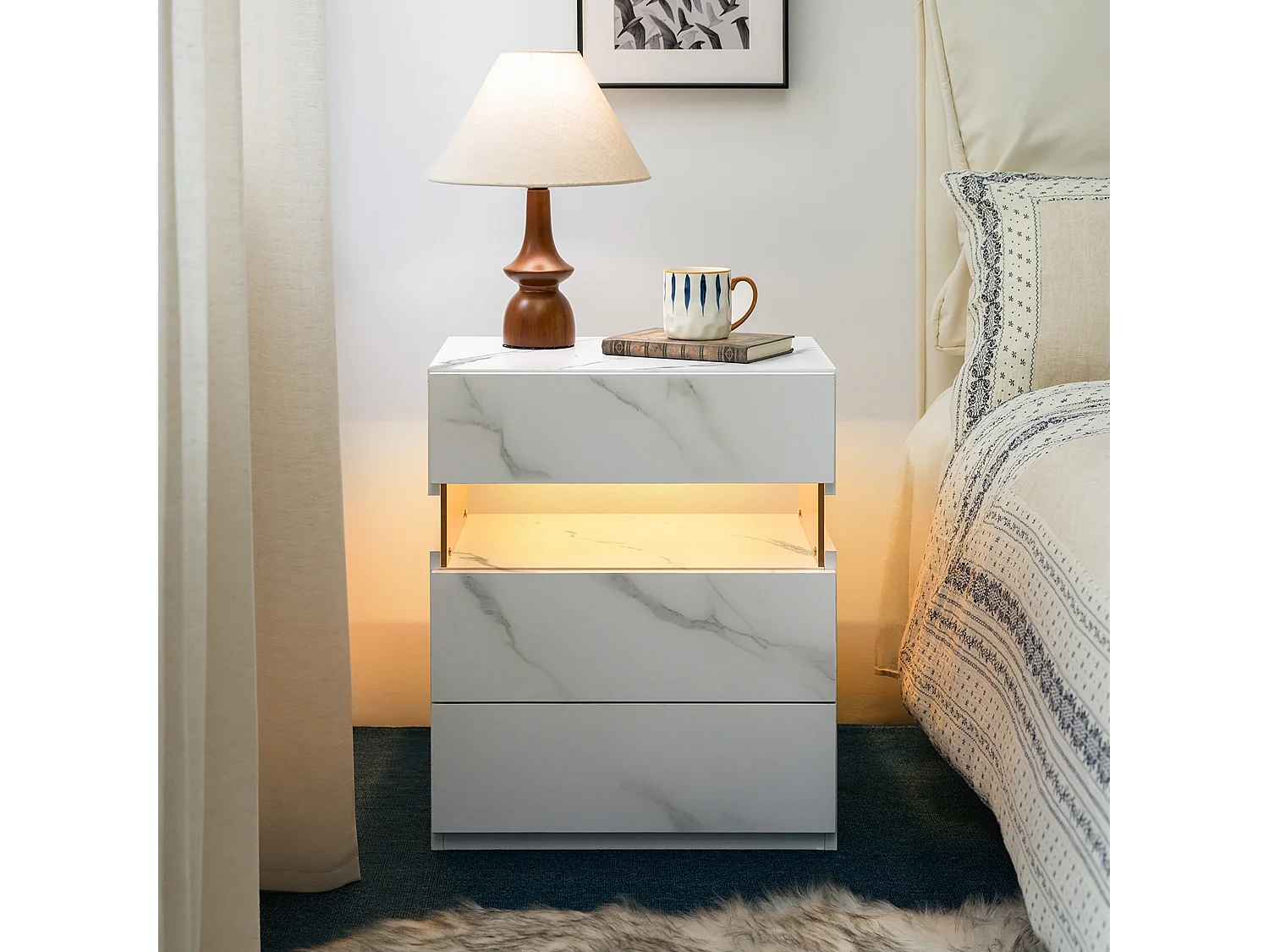 Table de chevet panneau acrylique style moderne éclairage LED rangement bois manufacturé pour chambre blanc mat