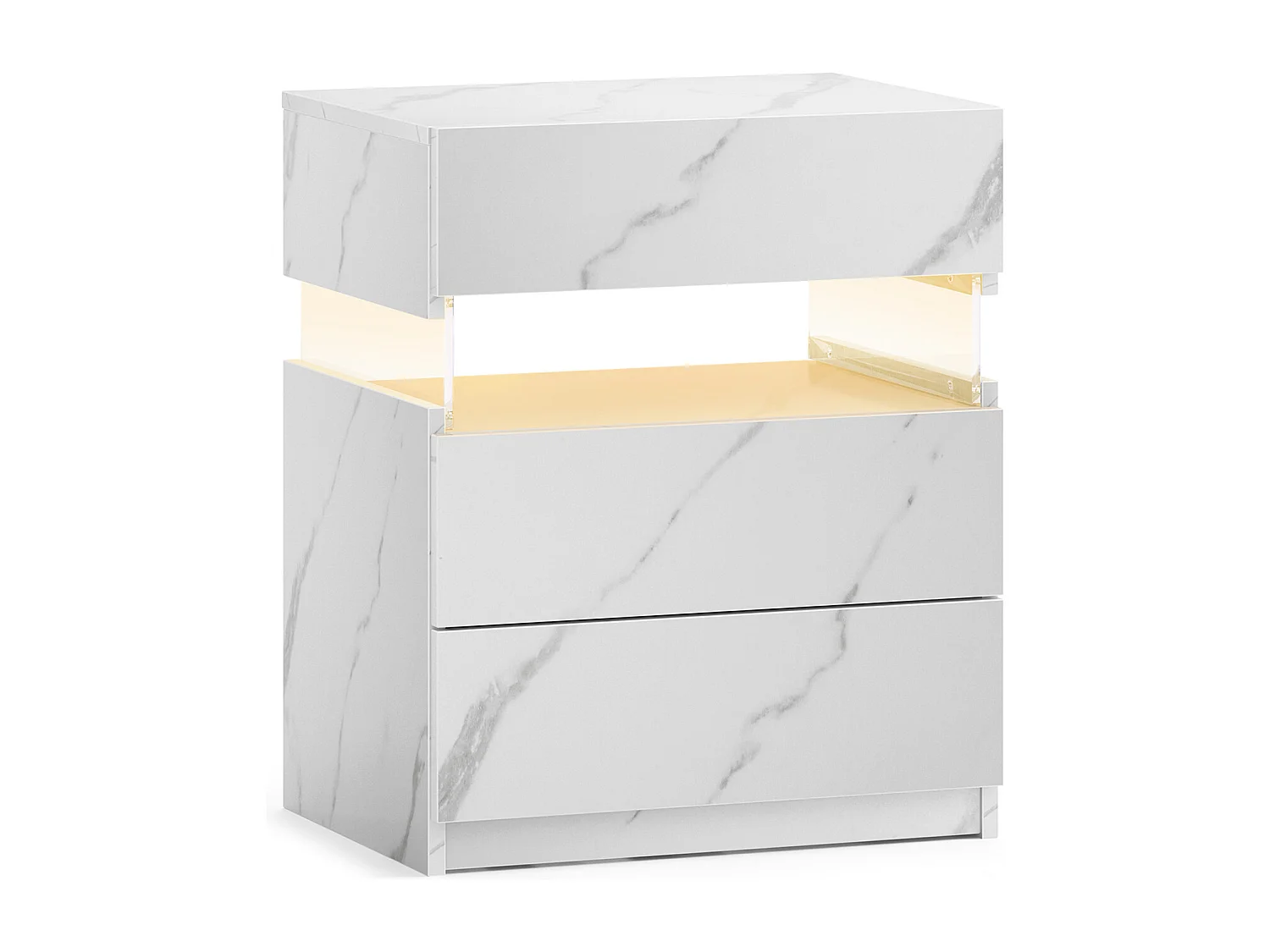 Table de chevet 3 tiroirs, éclairage LED RGB, panneau en acrylique, bois d'ingénierie, blanc mat