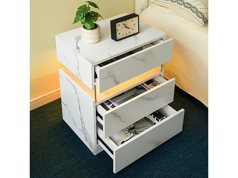 Table de chevet panneau acrylique style moderne éclairage LED rangement bois manufacturé pour chambre blanc mat