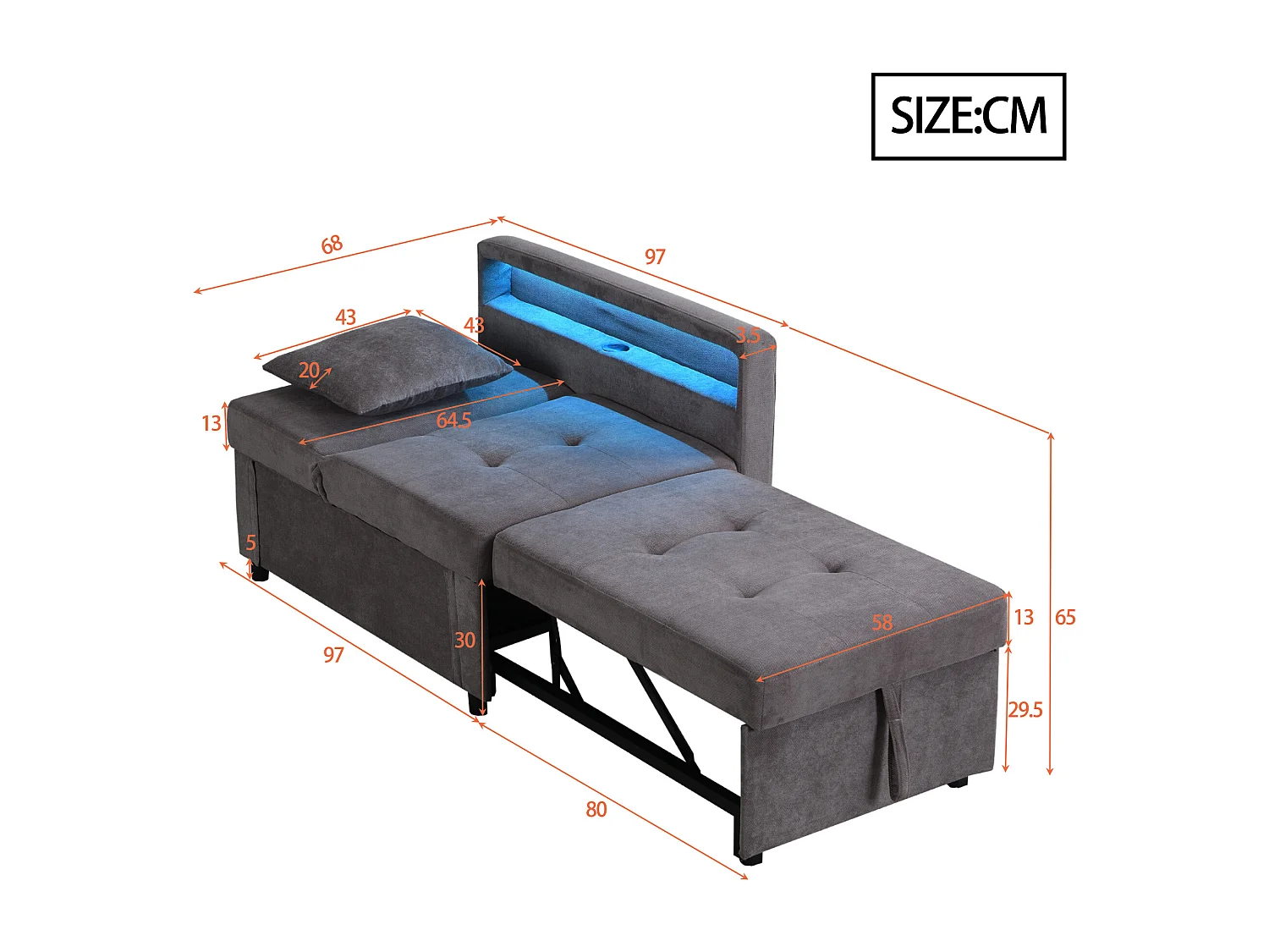 Canapé-lit 177x68x65 cm avec LED USB Dossier réglable en gris pour salon et chambre