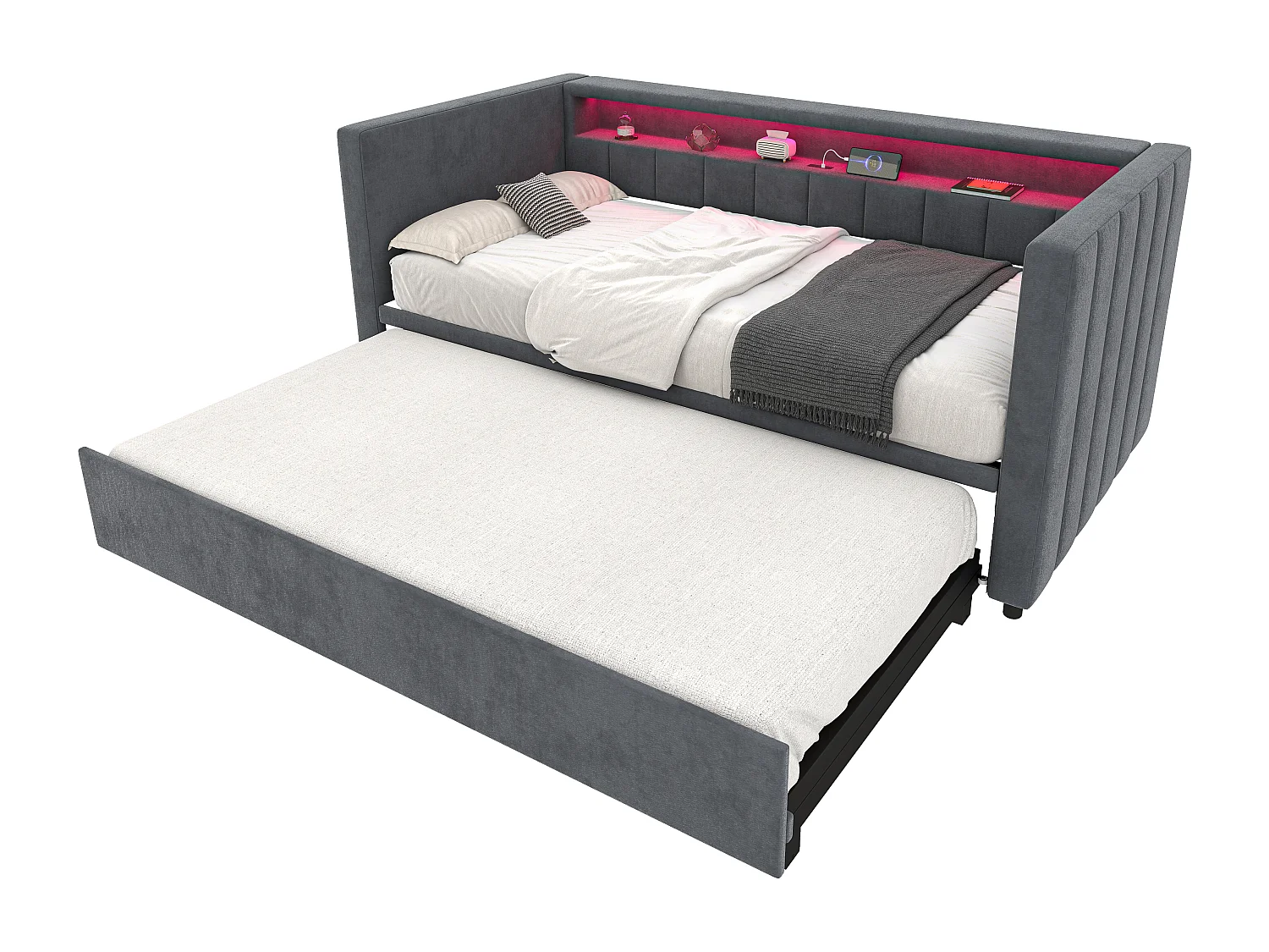 Canapé-lit 201x100x73 cm avec LED USB lit gigogne et espace de rangement en gris pour enfants et adolescents