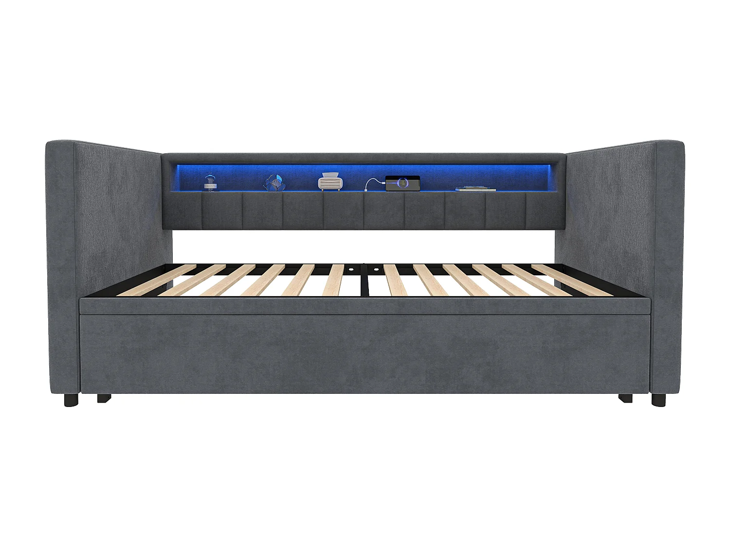 Lit gigogne 201x100x73 cm avec LED USB  et espace de rangement en gris pour enfants et adolescents