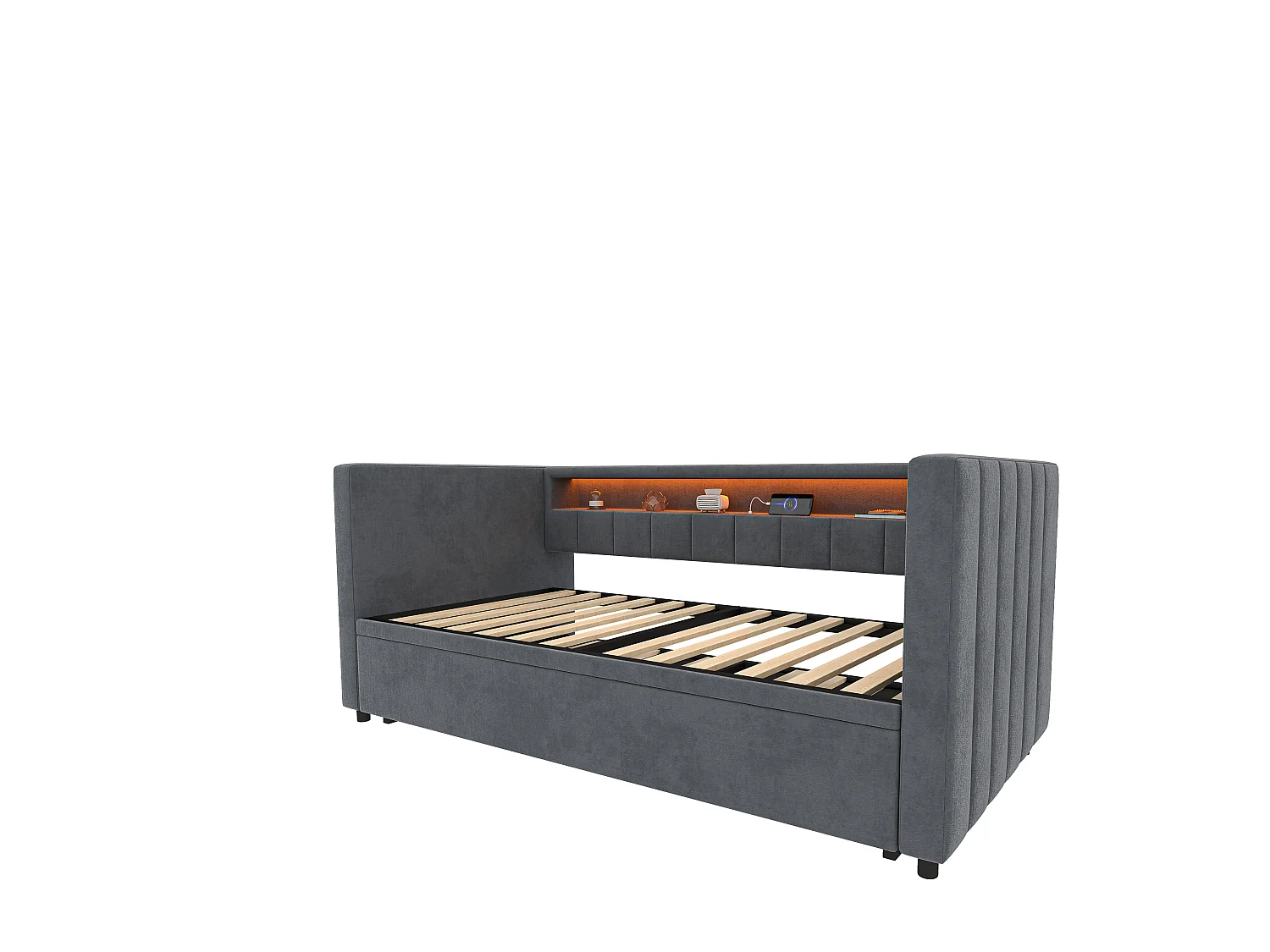 Lit gigogne 201x100x73 cm avec LED USB  et espace de rangement en gris pour enfants et adolescents