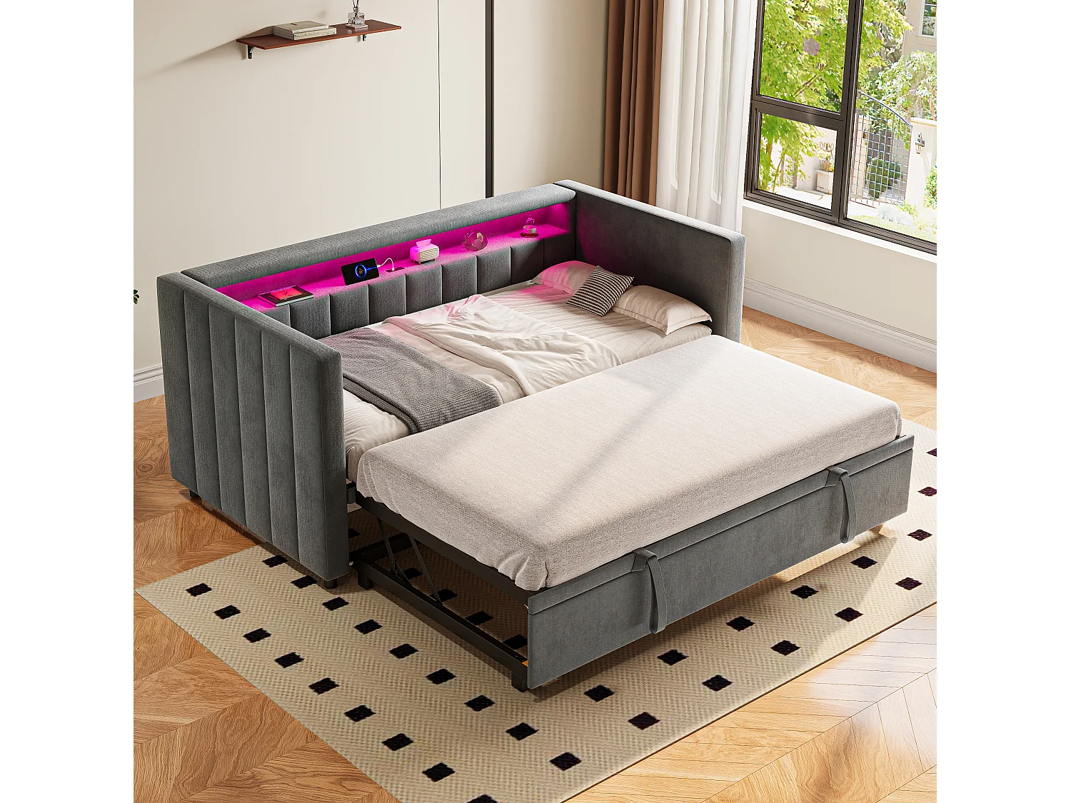 Lit gigogne 201x100x73 cm avec LED USB  et espace de rangement en gris pour enfants et adolescents