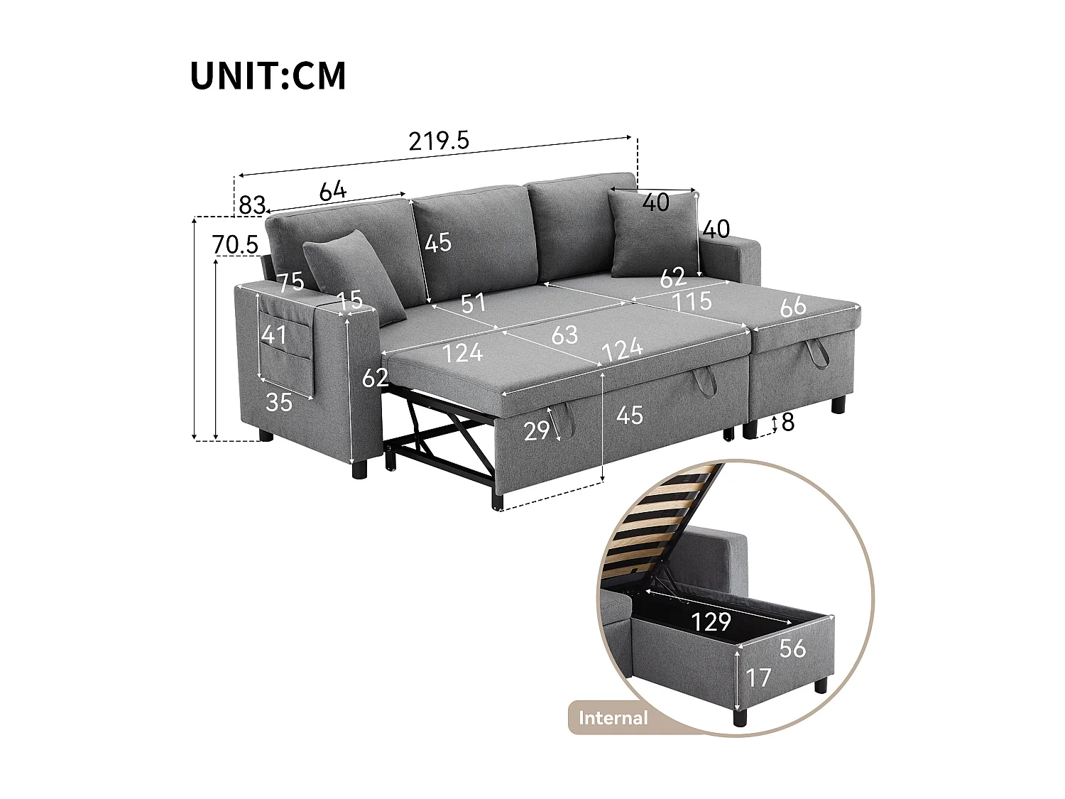 Canapé d’angle convertible 219.5x142.5x83 cm, méridienne réversible, coffre de rangement, poches latérales, lin gris foncé
