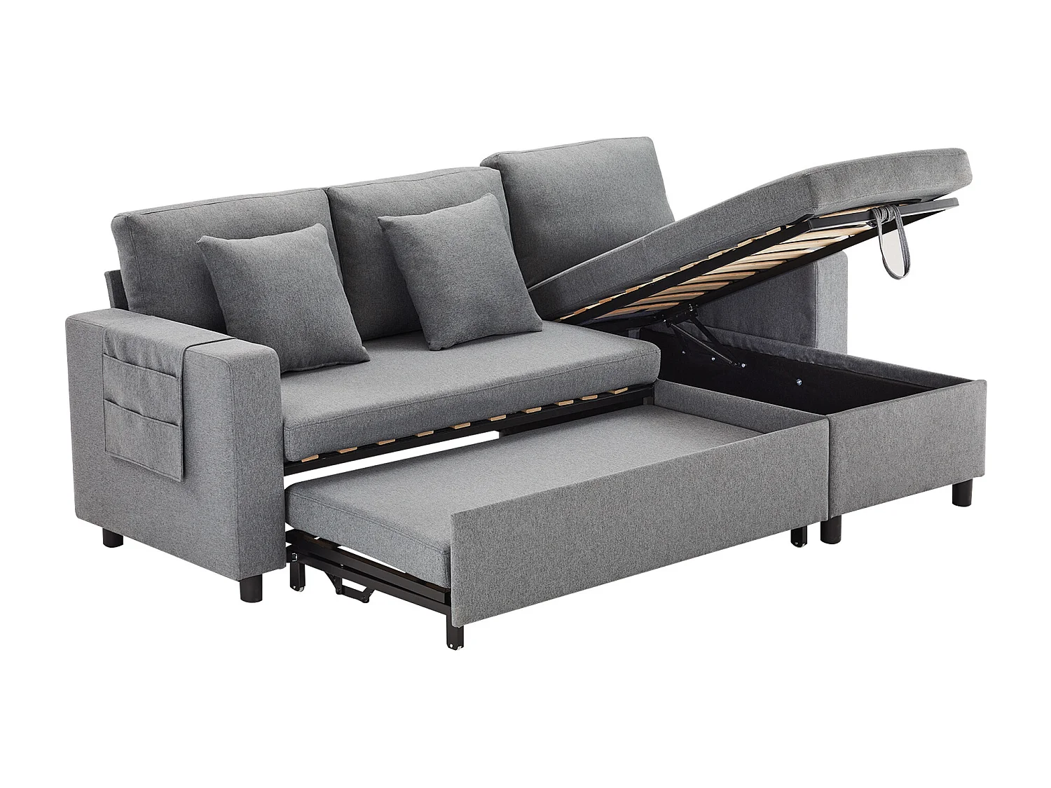 Canapé d’angle convertible 219.5x142.5x83 cm, méridienne réversible, coffre de rangement, poches latérales, lin gris foncé