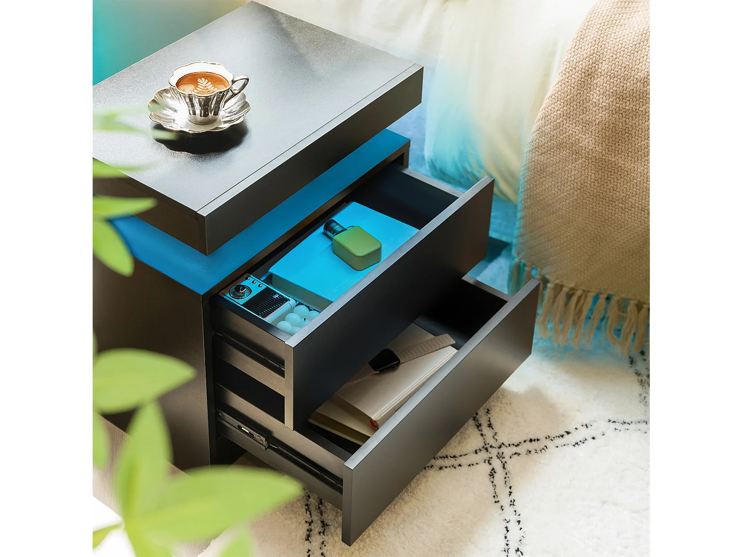 Table de chevet meuble d'appoint moderne avec LED intégrée et 2 tiroirs, style contemporain, bois manufacturé, noir, pour salon chambre