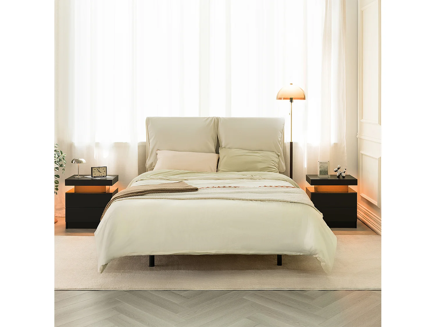 Table de chevet meuble d'appoint moderne avec LED intégrée et 2 tiroirs, style contemporain, bois manufacturé, noir, pour salon chambre