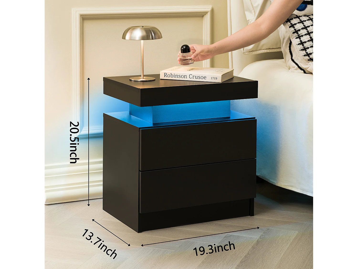 Table de chevet, éclairage LED multicolore réglable, 2 tiroirs et niche ouverte, bois d'ingénierie, noir