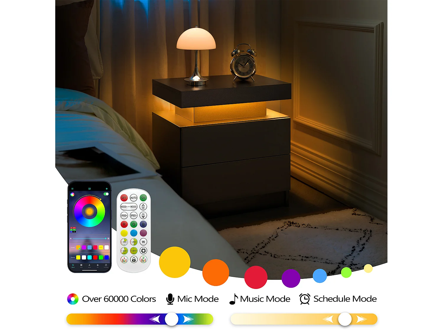 Table de chevet, éclairage LED multicolore réglable, 2 tiroirs et niche ouverte, bois d'ingénierie, noir