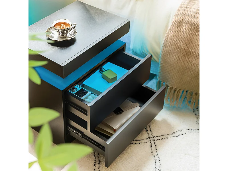 Table de chevet meuble d'appoint moderne avec LED intégrée et 2 tiroirs, style contemporain, bois manufacturé, noir, pour salon chambre