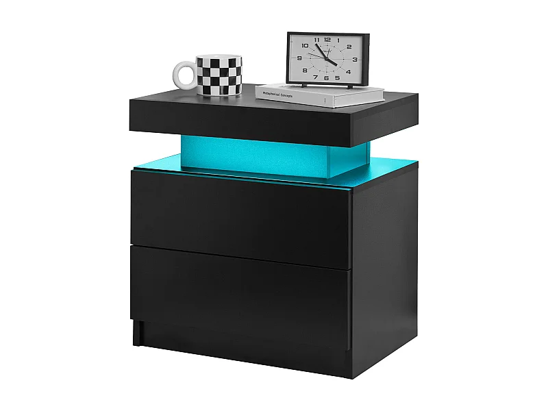 Table de chevet, éclairage LED multicolore réglable, 2 tiroirs et niche ouverte, bois d'ingénierie, noir