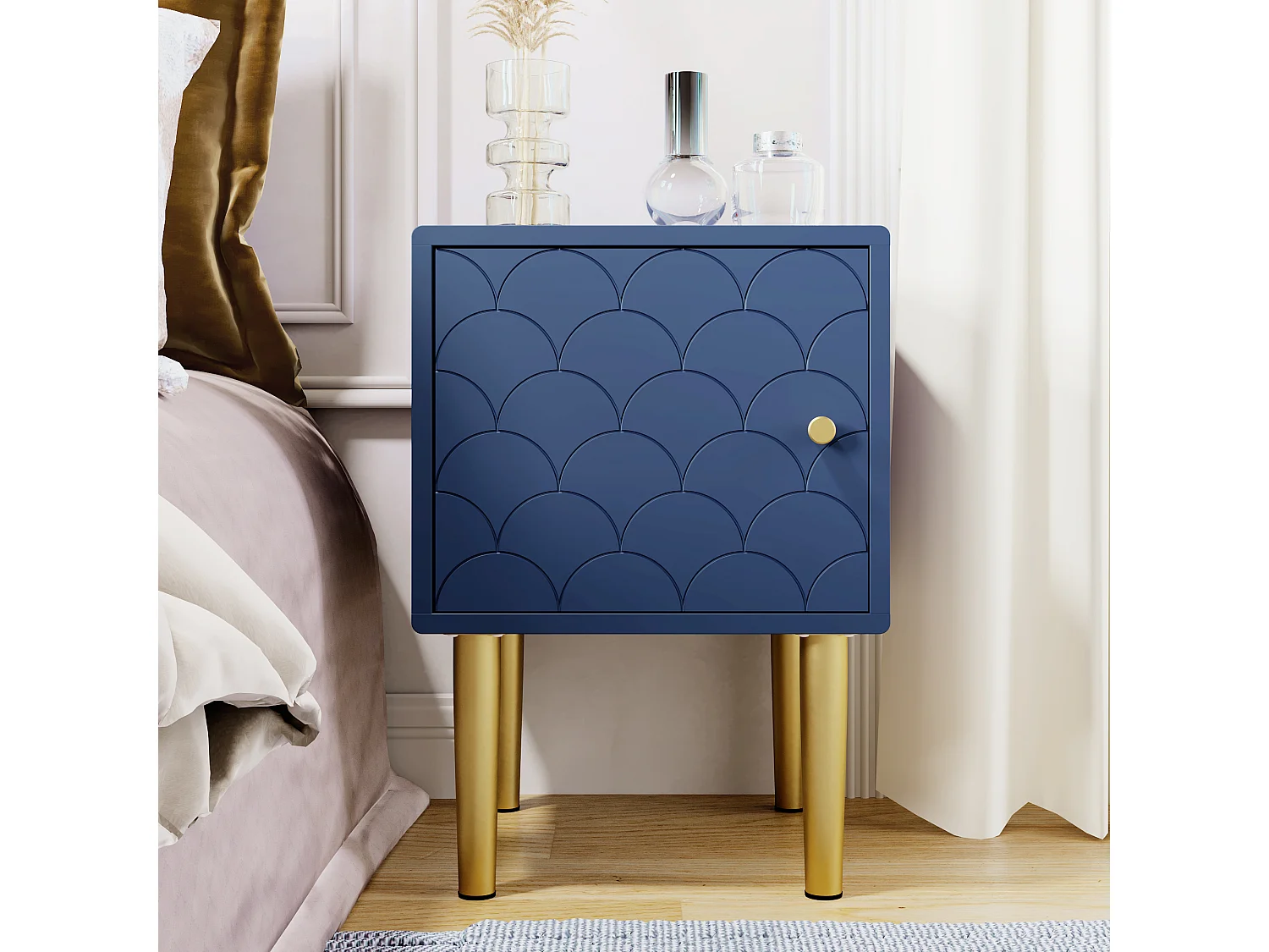 Lot de 2 tables de chevet 35x35x50 cm, motif écailles, poignée réversible, coins arrondis, panneaux de particules, bleu marine