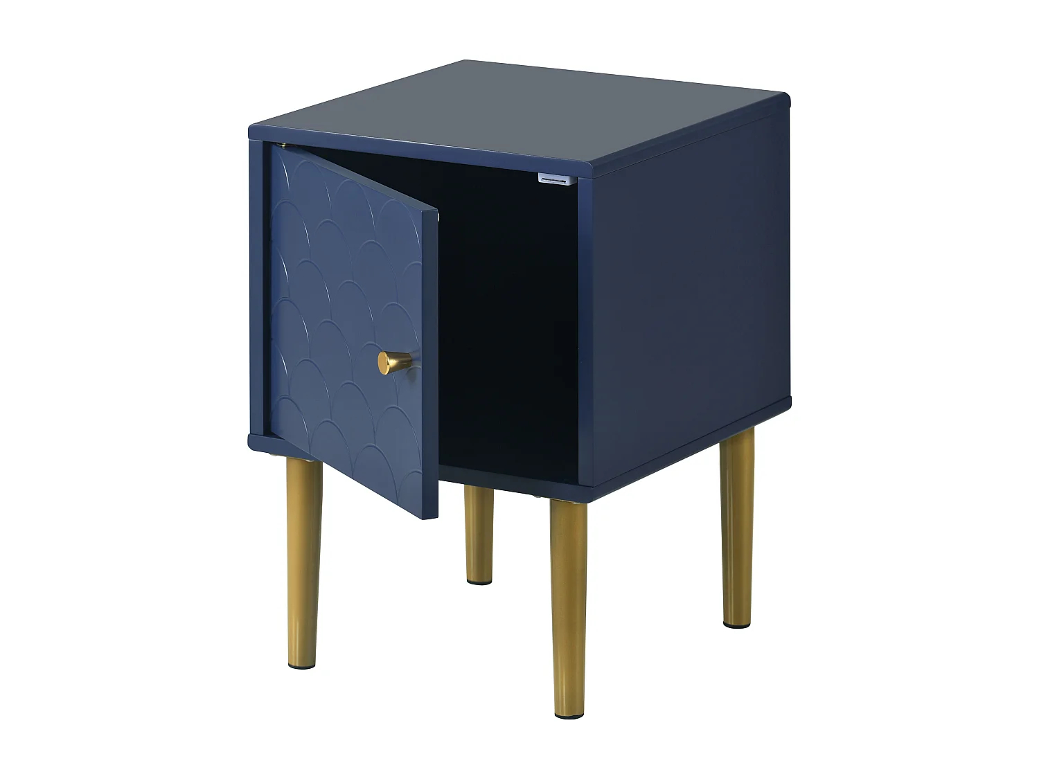 Lot de 2 tables de chevet 35x35x50 cm, motif écailles, poignée réversible, coins arrondis, panneaux de particules, bleu marine