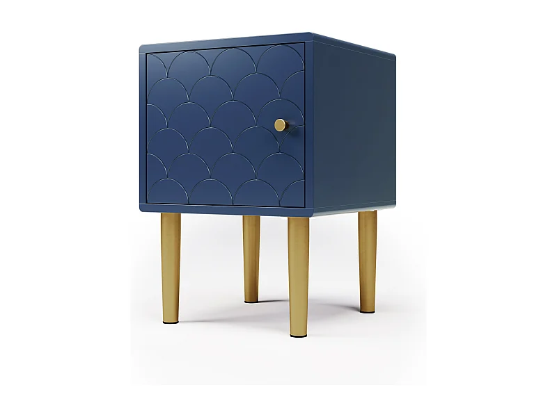 Lot de 2 tables de chevet 35x35x50 cm, motif écailles, poignée réversible, coins arrondis, panneaux de particules, bleu marine