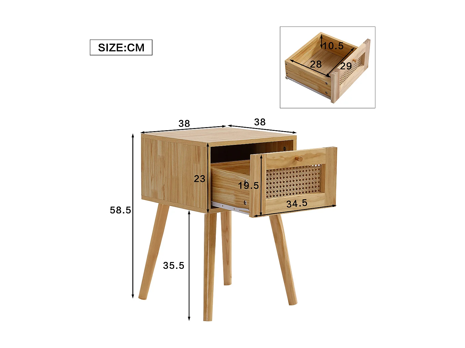 Table de chevet 38x38x58.5 cm avec un tiroir Panneaux de particules en Couleur naturelle pour Chambre et salon