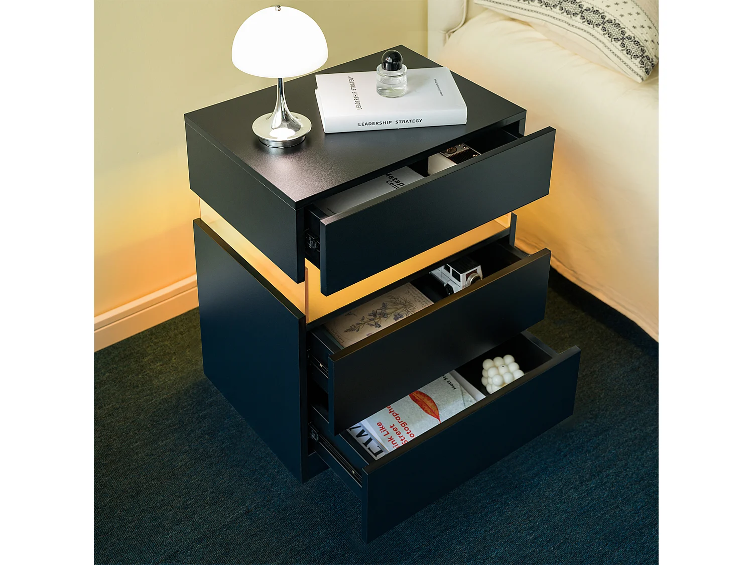 Nachtkastje LED meerkleurig met afstandsbediening, acrylpaneel, MDF, zwart, 3 laden