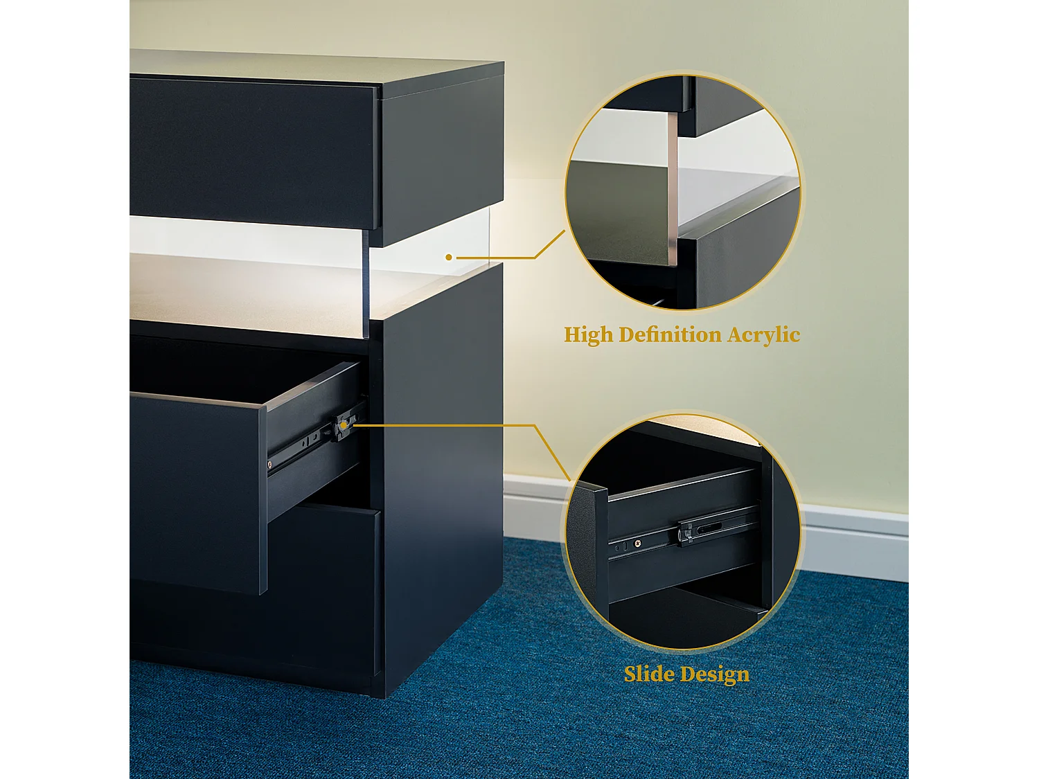 Nachtkastje LED meerkleurig met afstandsbediening, acrylpaneel, MDF, zwart, 3 laden