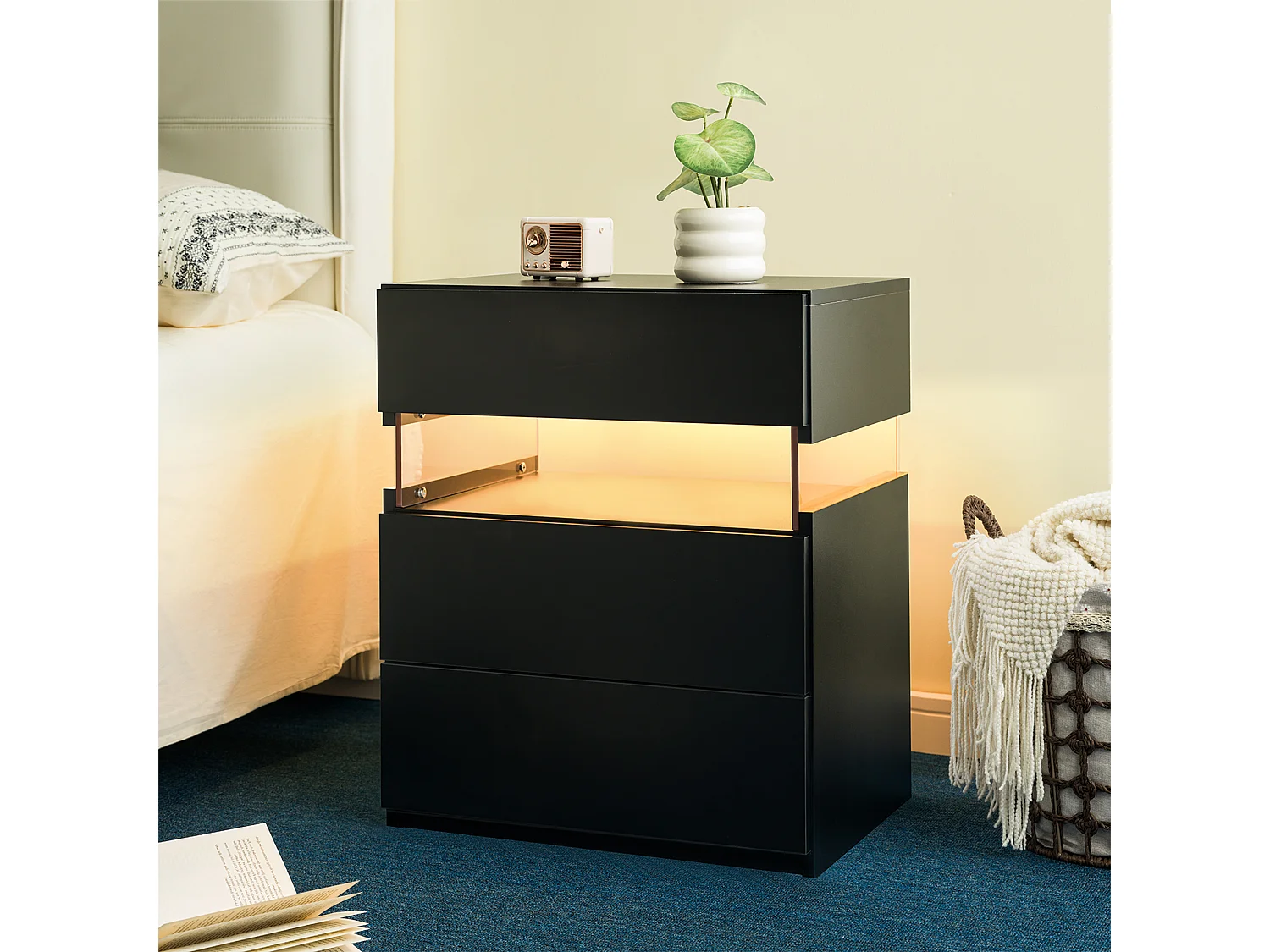 Table de chevet, 3 tiroirs, éclairage LED RGB multicolore, panneau acrylique, bois d’ingénierie, noir