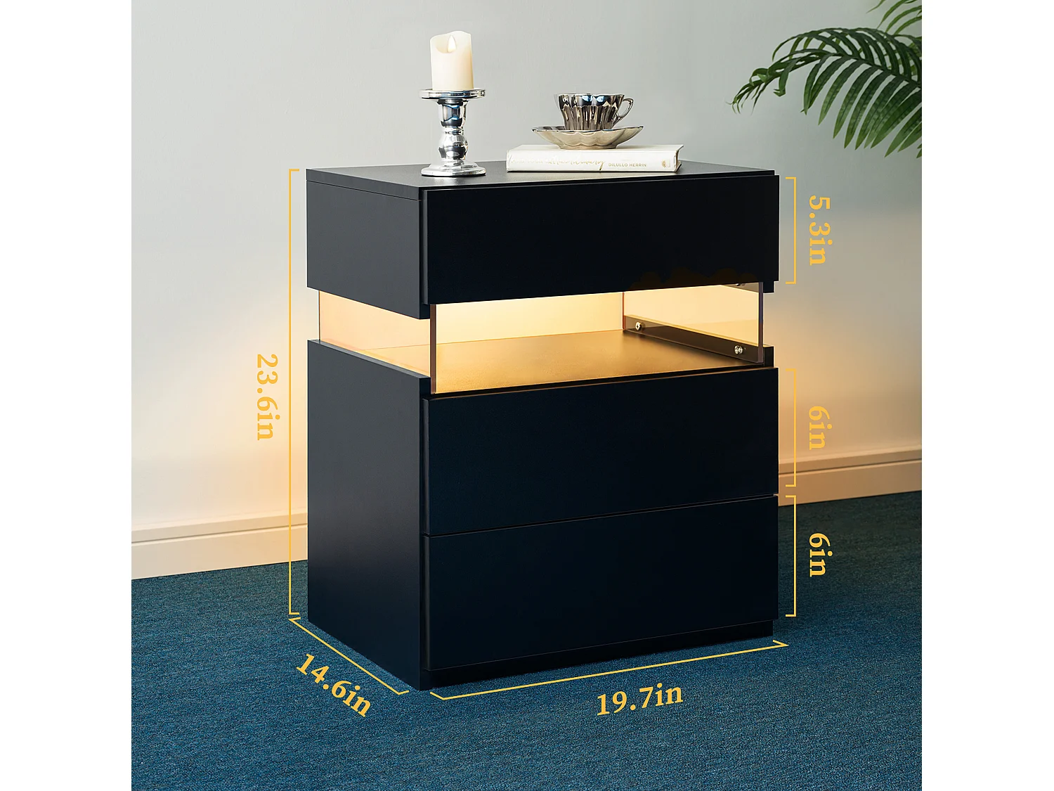 Table de chevet, 3 tiroirs, éclairage LED RGB multicolore, panneau acrylique, bois d’ingénierie, noir