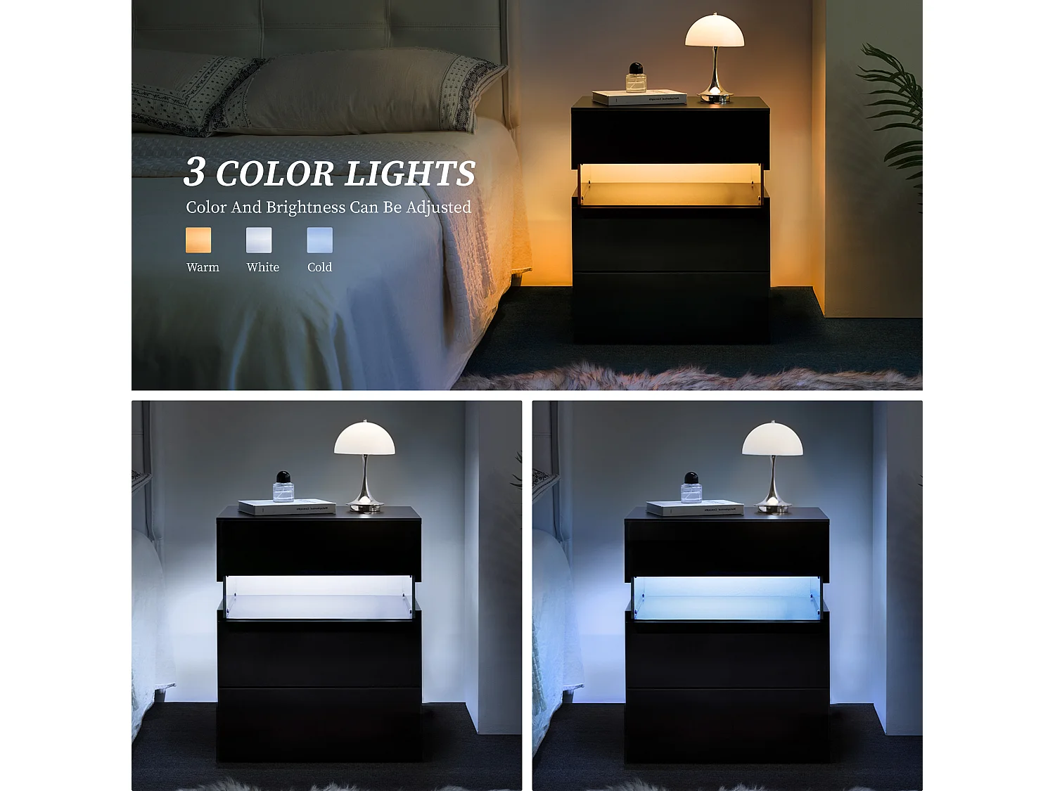 Table de chevet, 3 tiroirs, éclairage LED RGB multicolore, panneau acrylique, bois d’ingénierie, noir