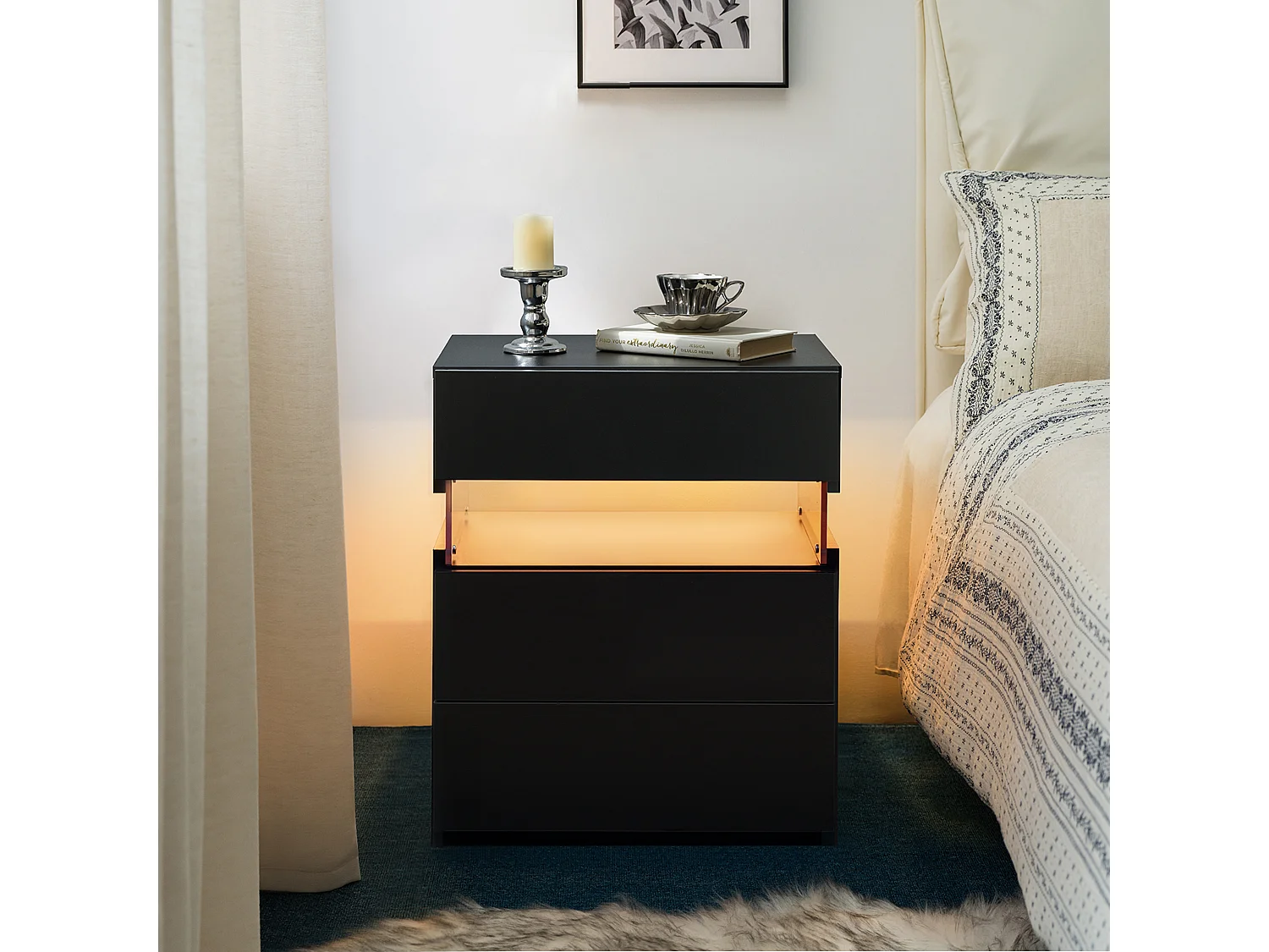 Table de chevet, 3 tiroirs, éclairage LED RGB multicolore, panneau acrylique, bois d’ingénierie, noir