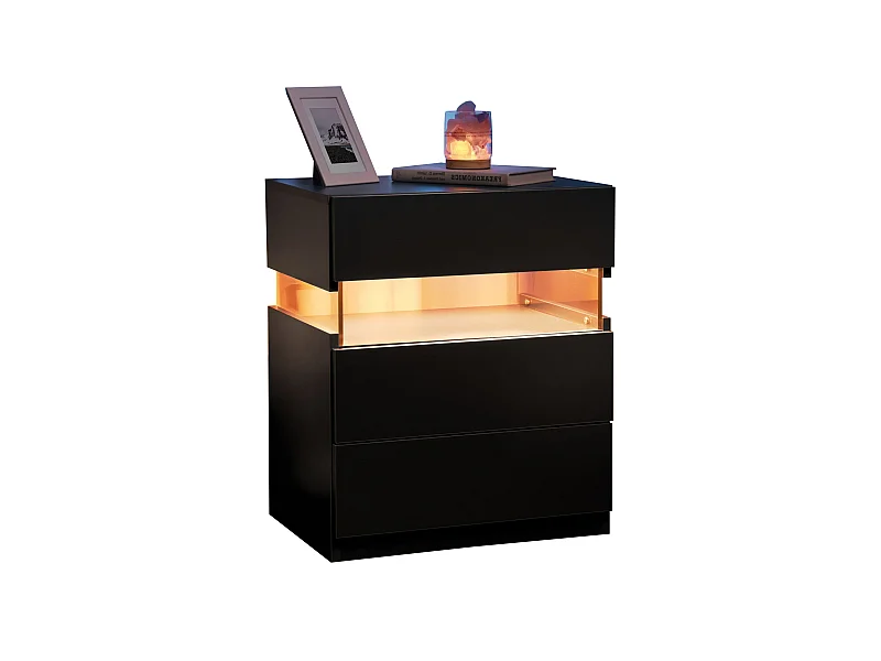 Table de chevet, 3 tiroirs, éclairage LED RGB multicolore, panneau acrylique, bois d’ingénierie, noir