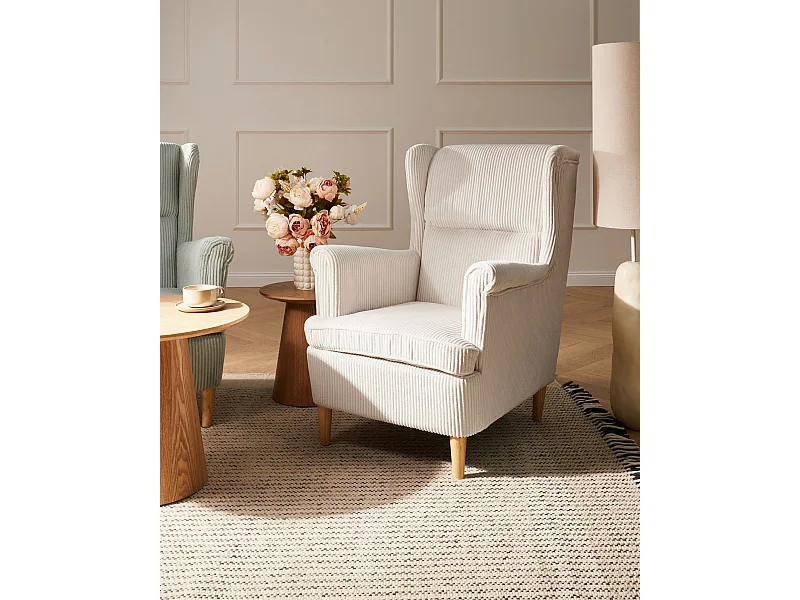 Fauteuil à oreilles ABSON Velours côtelé Beige clair
