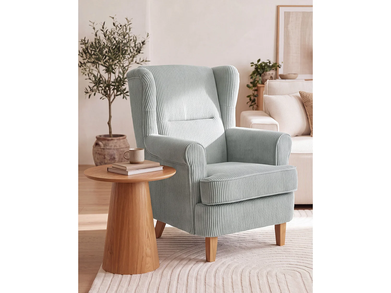 Fauteuil à oreilles ABSON Velours côtelé Bleu clair