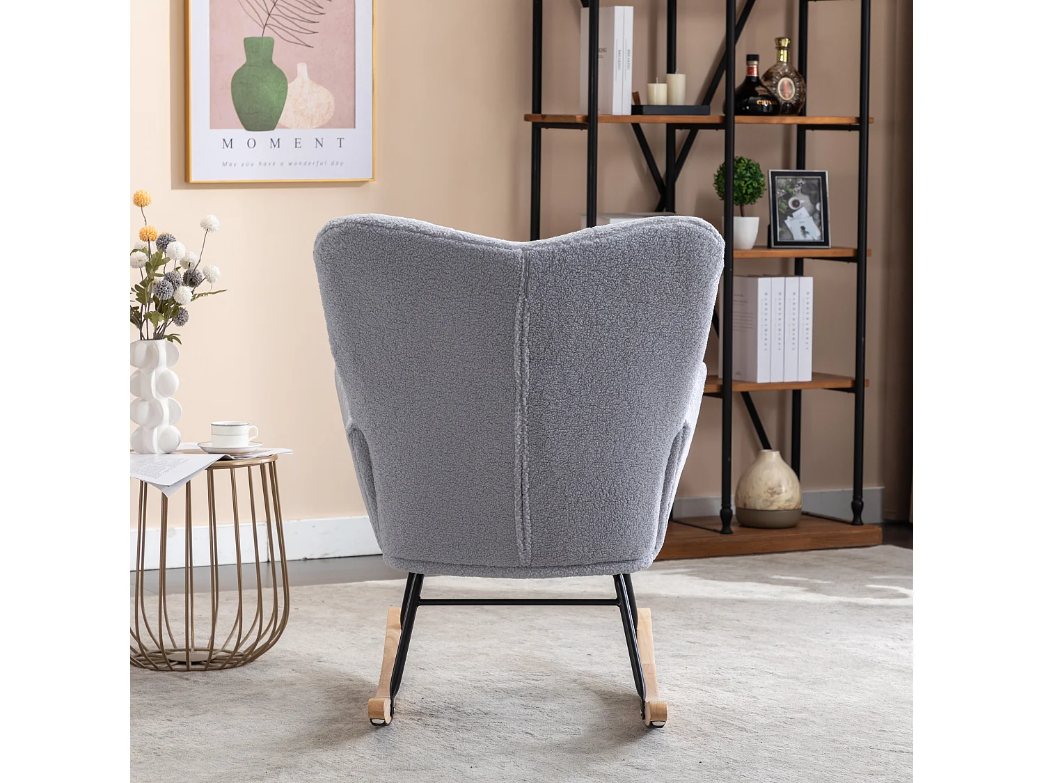 Fauteuil à bascule 70x80x95 cm avec Socle en bois massif Rembourré en gris pour salon et balcon et chambre