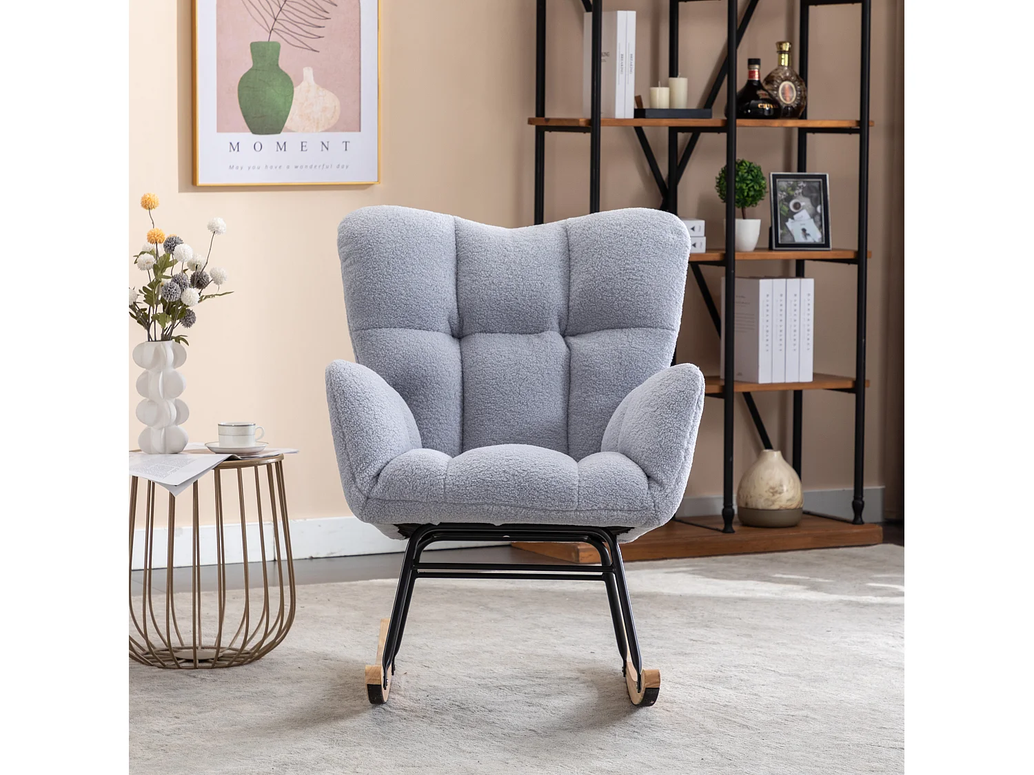 Fauteuil à bascule 70x80x95 cm avec Socle en bois massif Rembourré en gris pour salon et balcon et chambre