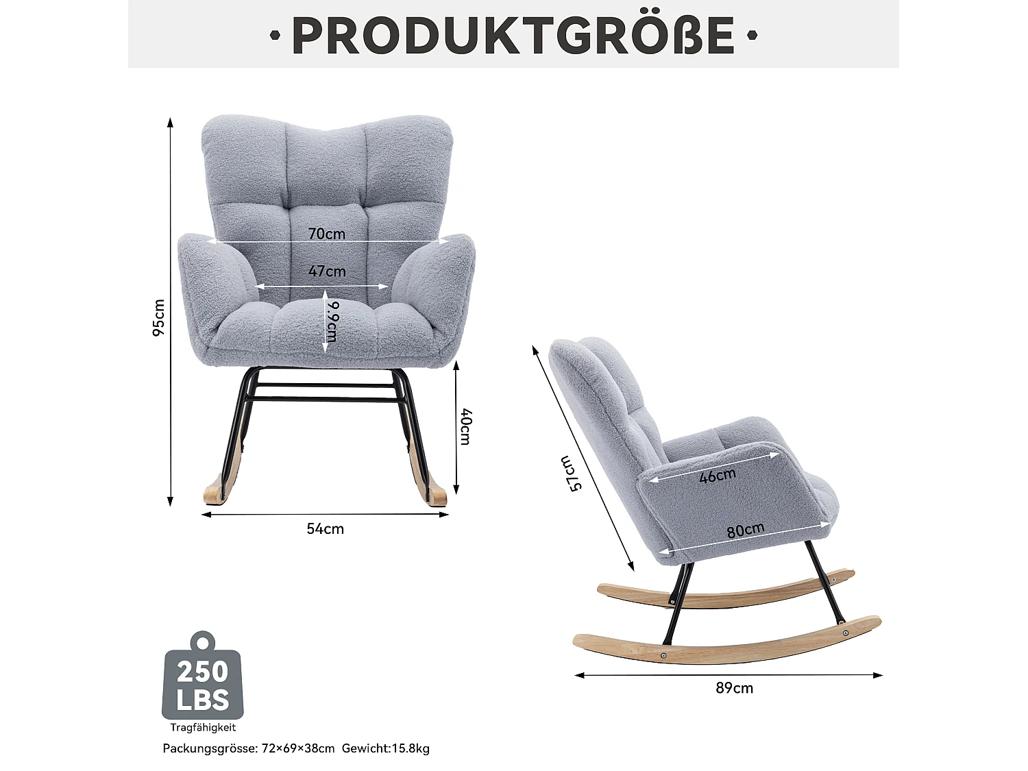 Fauteuil à bascule 70x80x95 cm avec Socle en bois massif Rembourré en gris pour salon et balcon et chambre