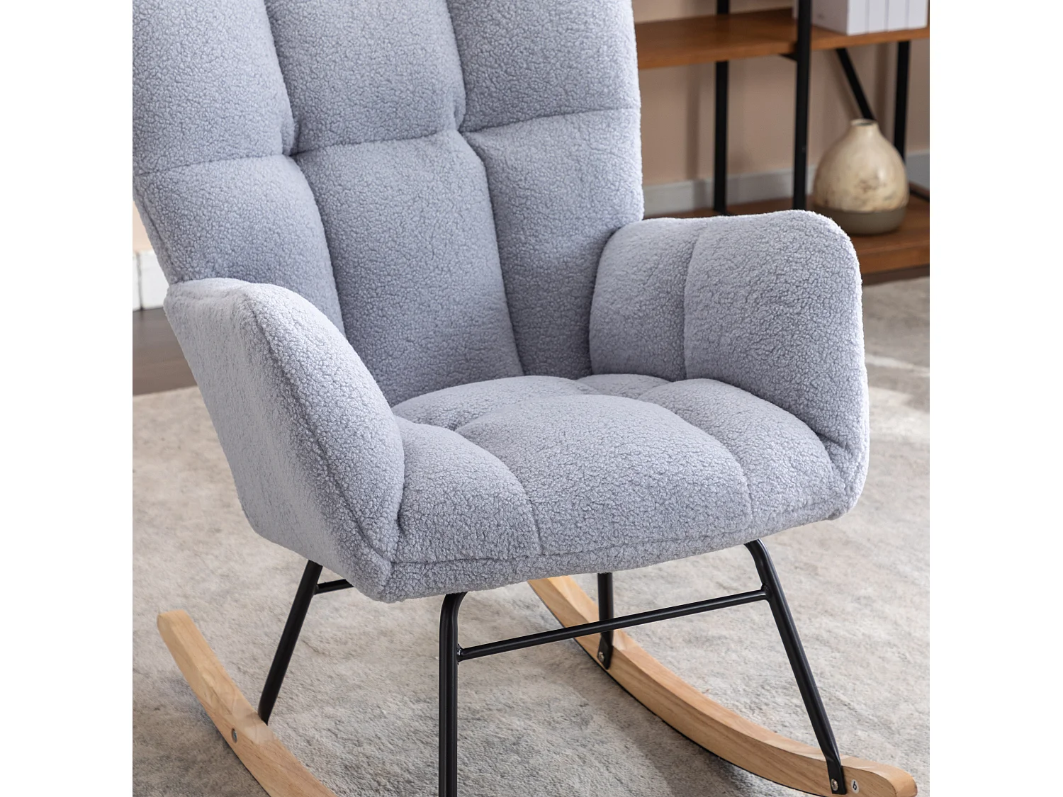 Fauteuil à bascule 70x80x95 cm avec Socle en bois massif Rembourré en gris pour salon et balcon et chambre