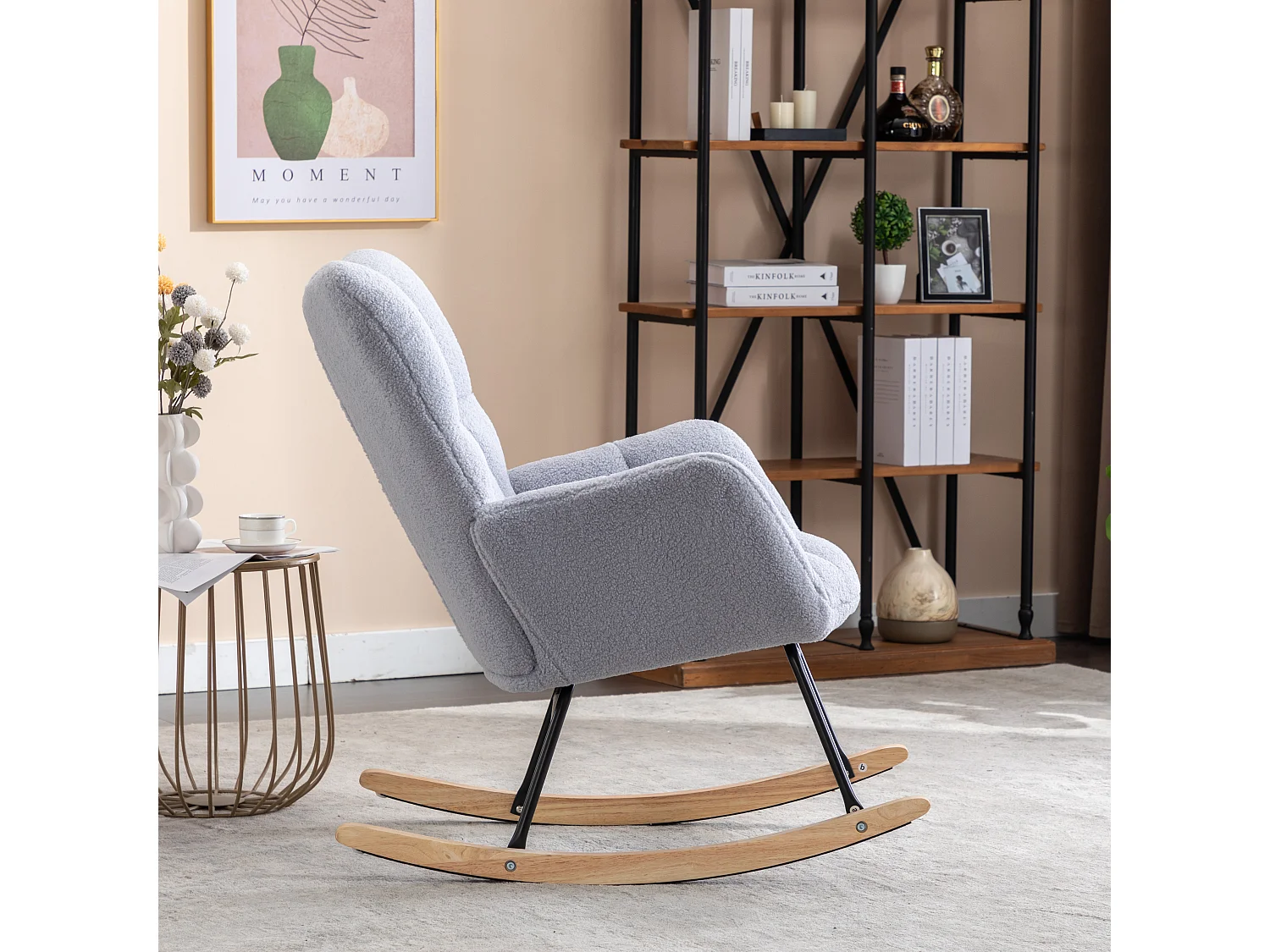 Fauteuil à bascule 70x80x95 cm avec Socle en bois massif Rembourré en gris pour salon et balcon et chambre