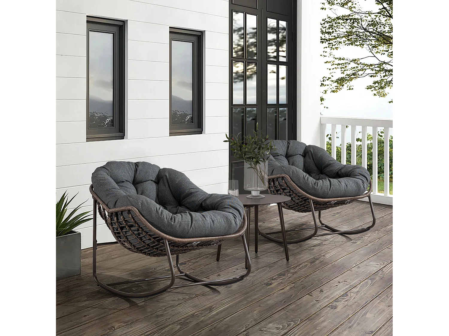 Fauteuil à bascule 94.5x111x80 cm avec capitonné Imperméable et résistant aux UV et antirouille en gris pour Balcon et salon