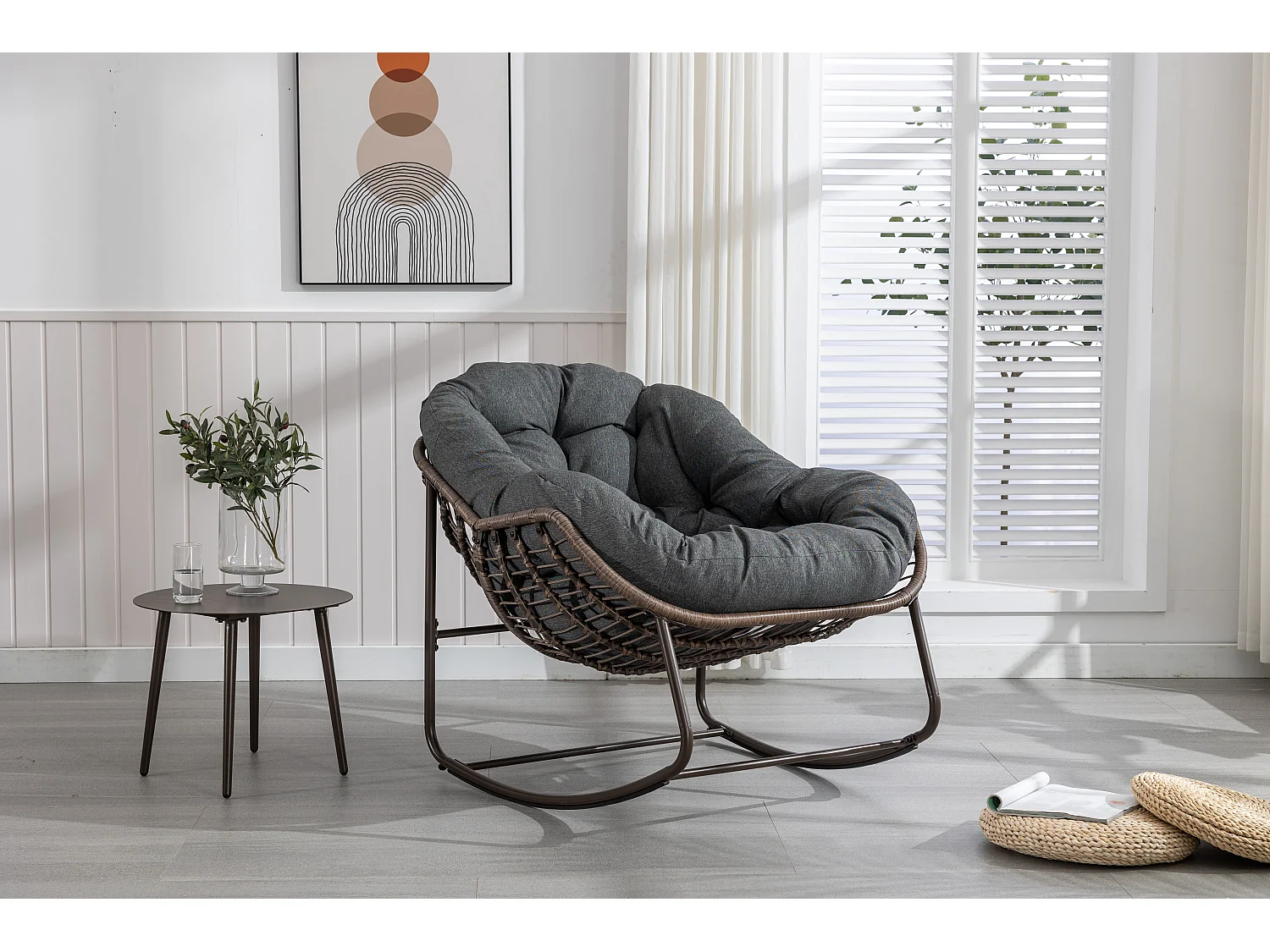 Fauteuil à bascule 94.5x111x80 cm avec capitonné Imperméable et résistant aux UV et antirouille en gris pour Balcon et salon