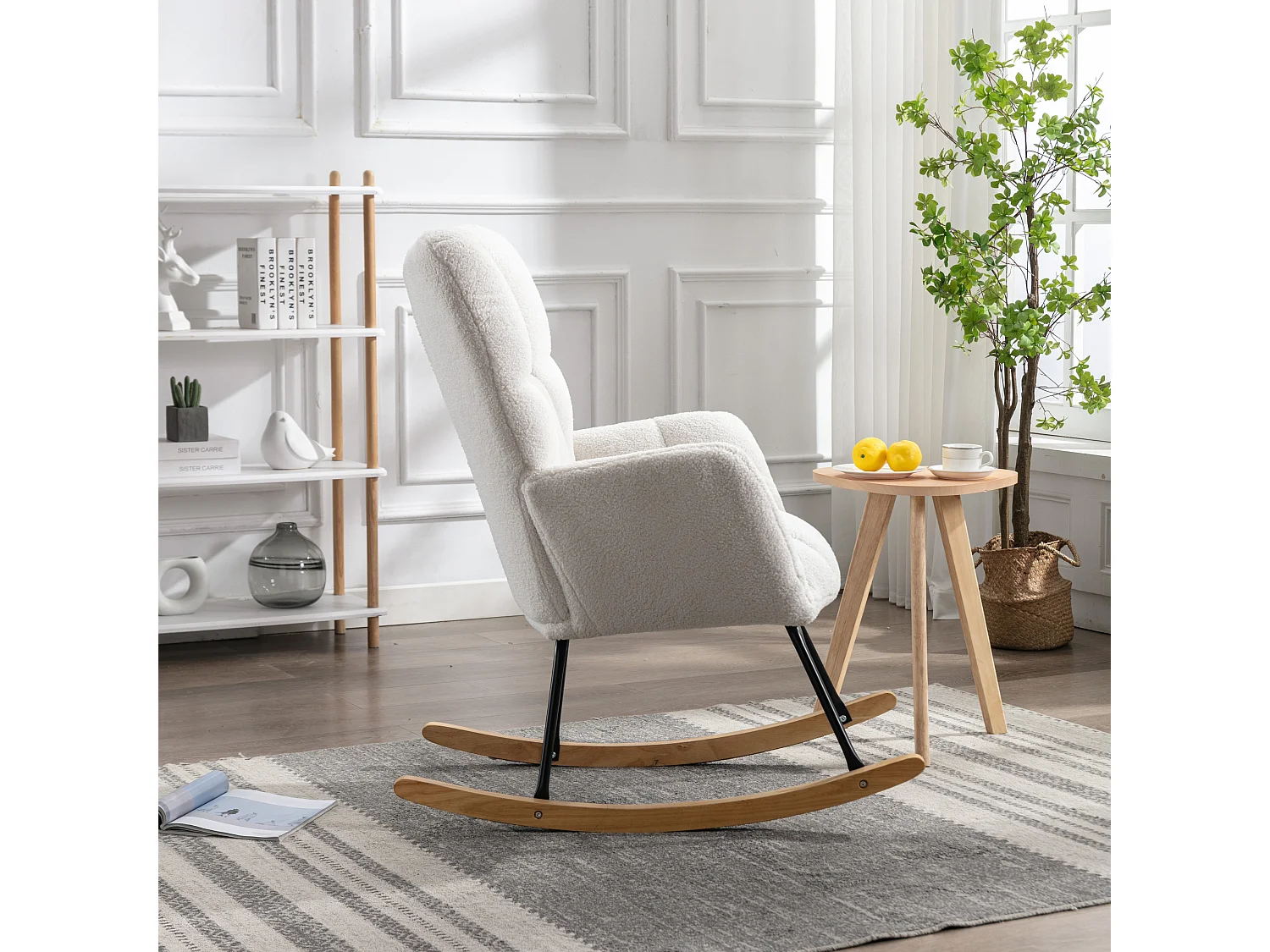 Fauteuil à bascule 70x80x95 cm avec Socle en bois massif Rembourré en blanc pour salon et balcon et chambre