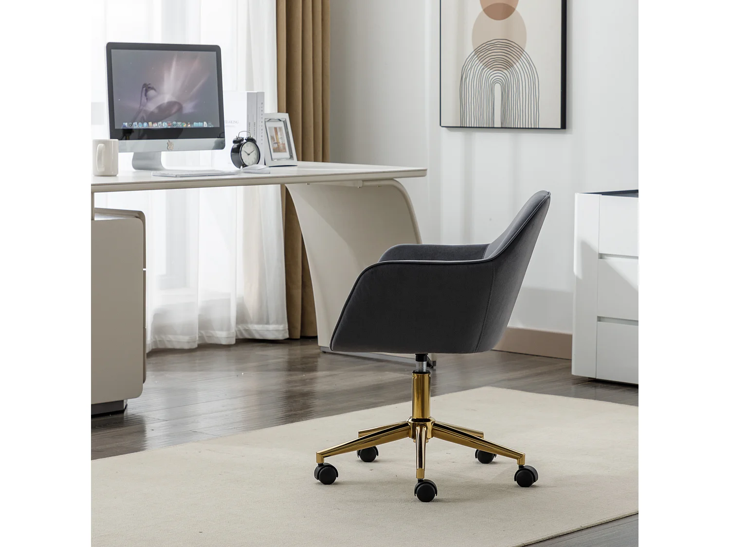 Draaifauteuil 58x63x86 cm met hoogteverstelling en 360° draaibaarheid. Grijze metalen stoelpoten voor woonkamer, slaapkamer en eetkamer.