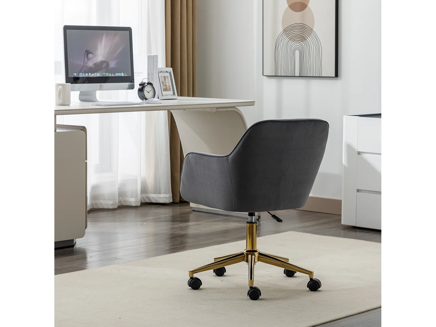 Fauteuil pivotant 58x63x86 cm avec Réglable en hauteur et rotation à 360° Pieds de chaise en métal en gris pour salon et chambre et salle à manger
