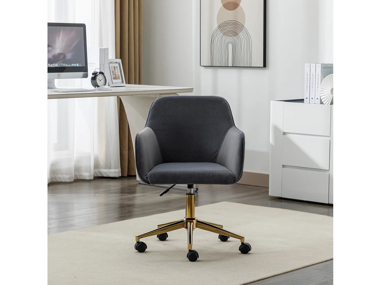Fauteuil pivotant 58x63x86 cm avec Réglable en hauteur et rotation à 360° Pieds de chaise en métal en gris pour salon et chambre et salle à manger