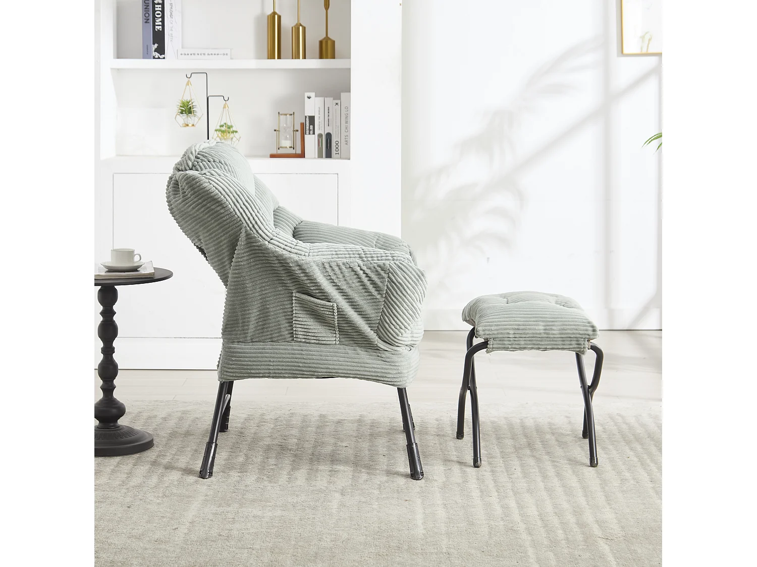 Fauteuil de détente avec repose pieds, avec poche latérale, cadre en acier, vert clair