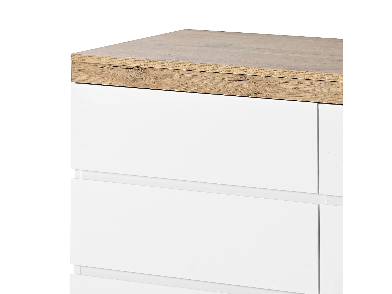 Commode 6 tiroirs, grand rangement, style classique, panneau de particules, blanc et chêne