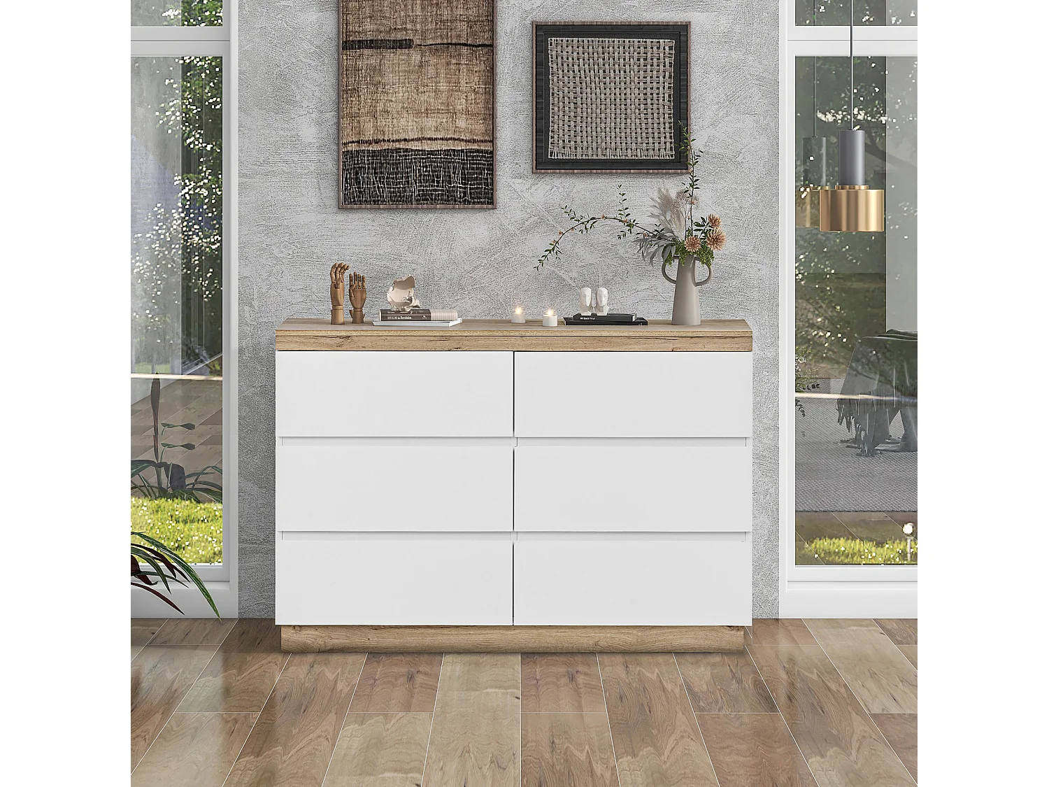 Commode 6 tiroirs, grand rangement, style classique, panneau de particules, blanc et chêne