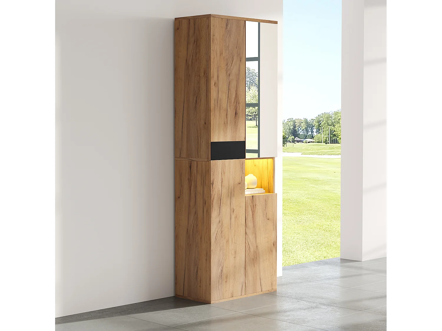 Armoire haute 65x35x190 cm, 4 portes, 1 niche ouverte, miroir, avec anti basculement, panneaux de particules, noir et naturel
